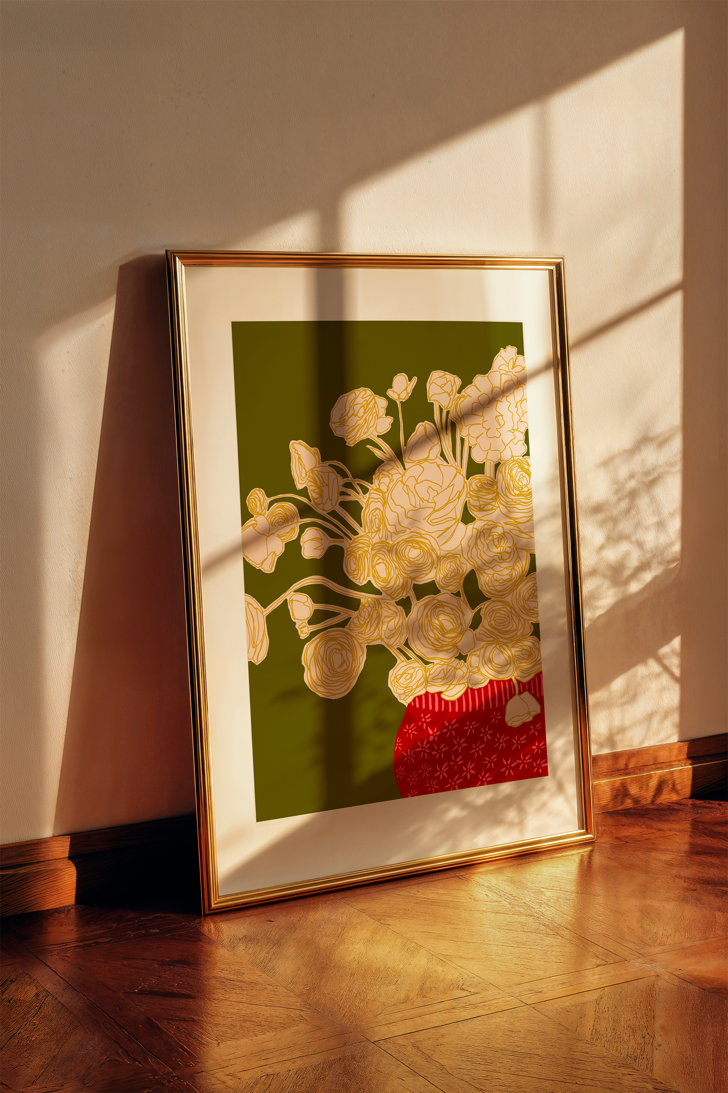 Abstract Ranunculus Floral Art Print, Red Vase Flowers on Dark Green Background