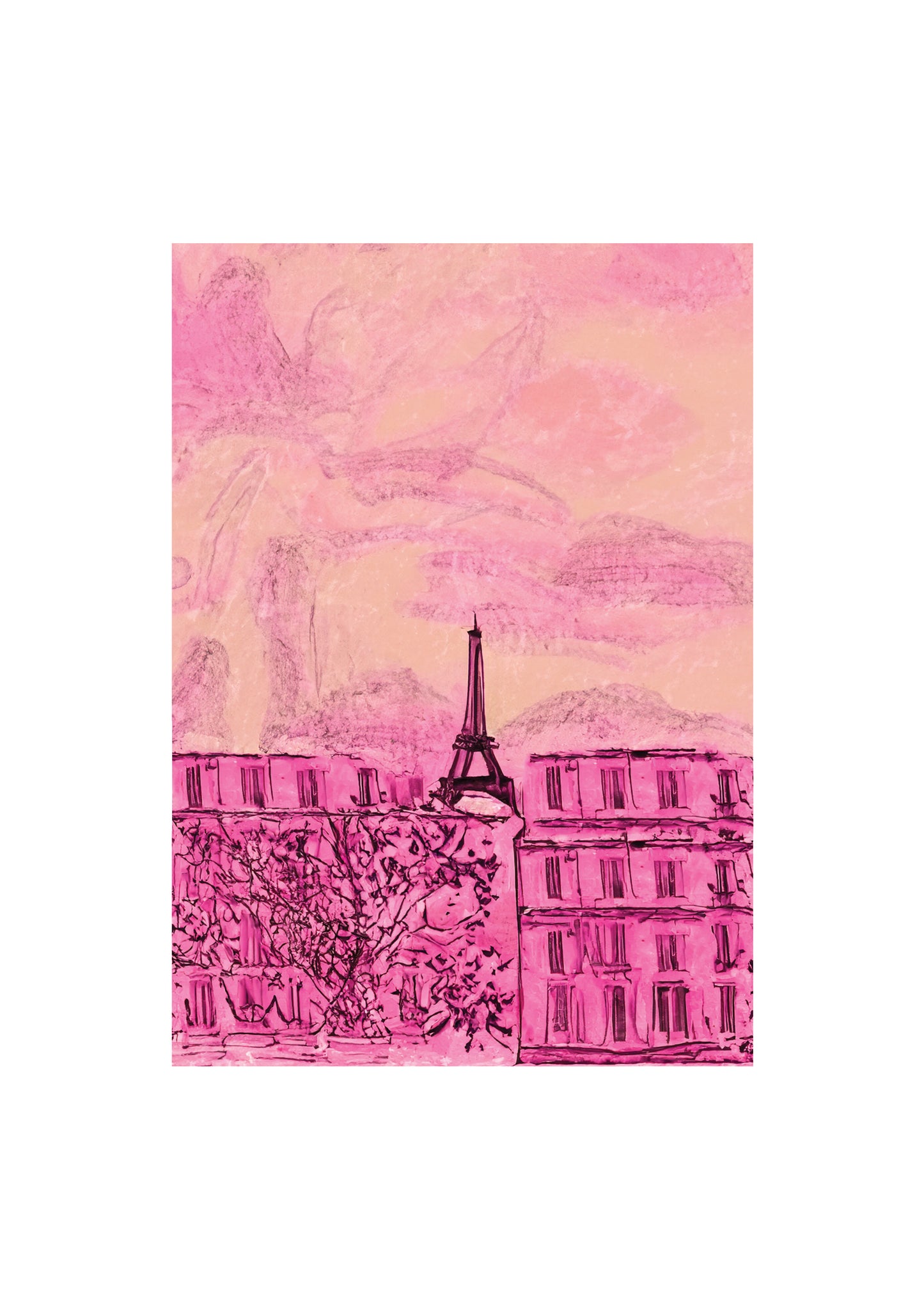 Pink Paris Print: Sketched Eiffel Tower Travel Poster