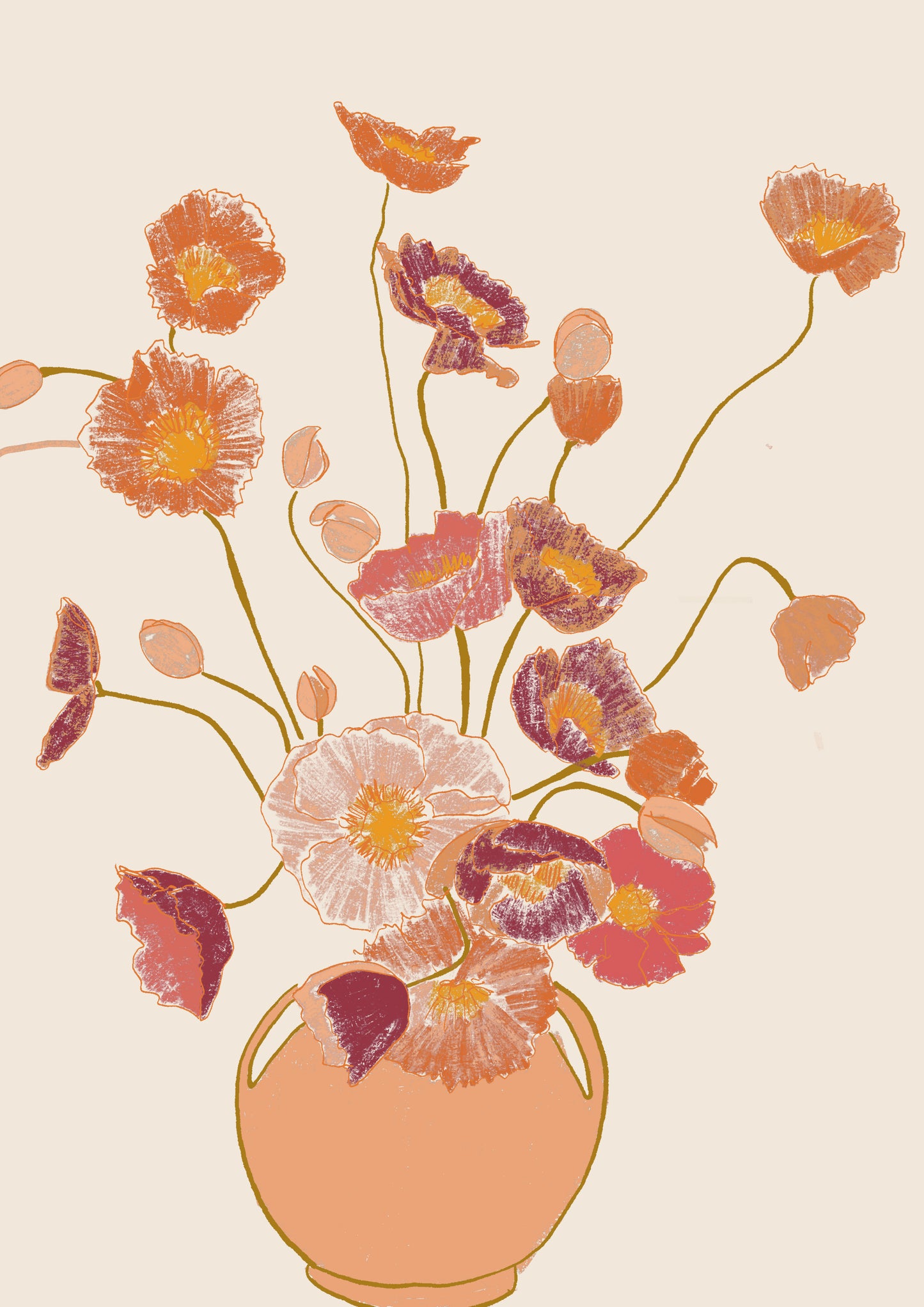 Poppies Art Print, Earthy Tones Floral Still Life