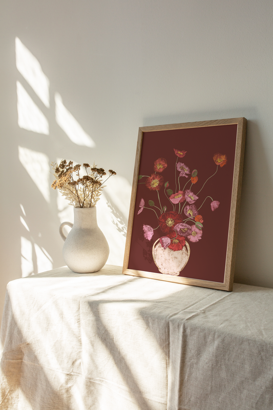 Pink Poppies in Vase Art Print, Floral Wall Art, Deep Red Background, Botanical Still Life