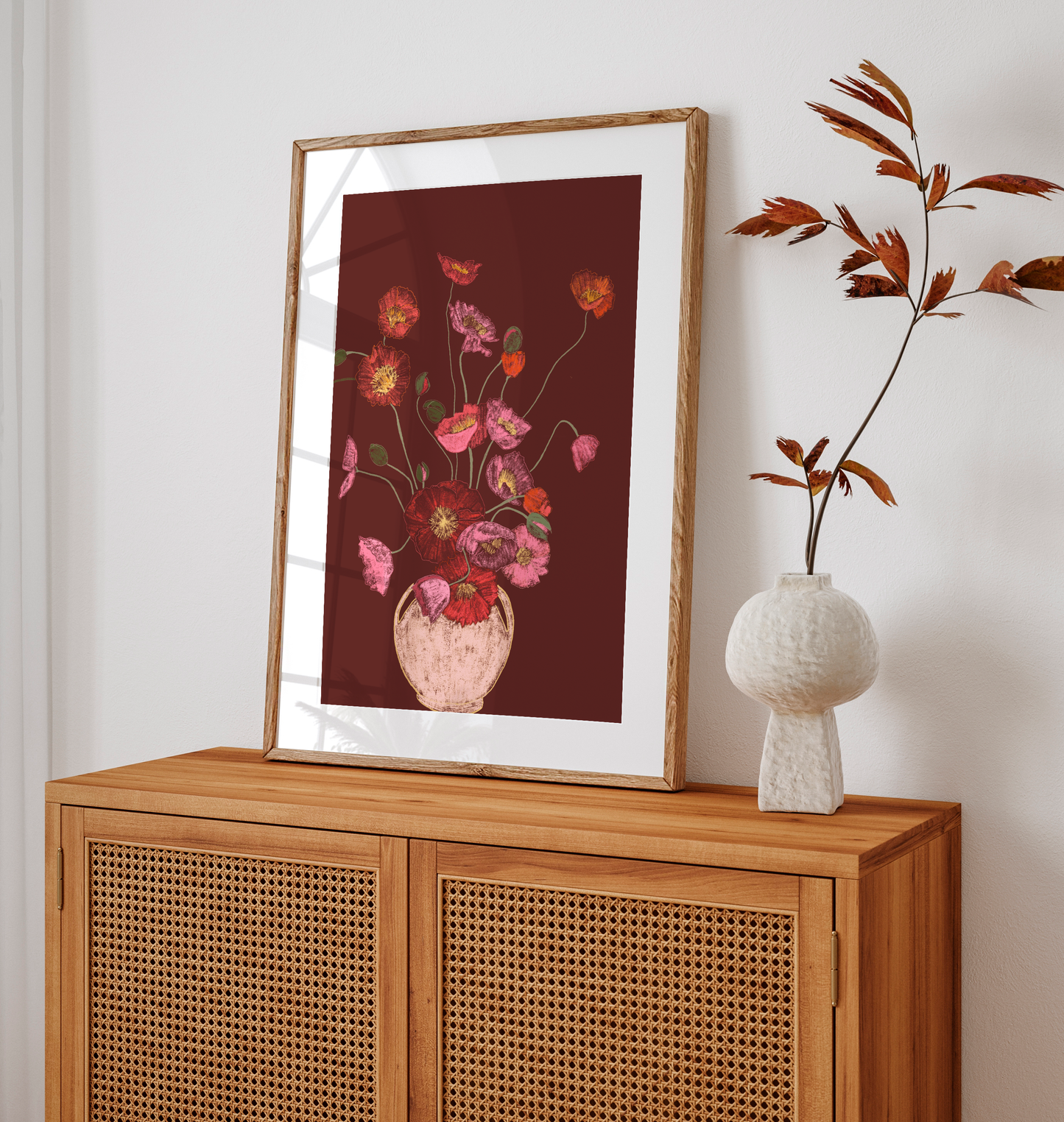 Pink Poppies in Vase Art Print, Floral Wall Art, Deep Red Background, Botanical Still Life