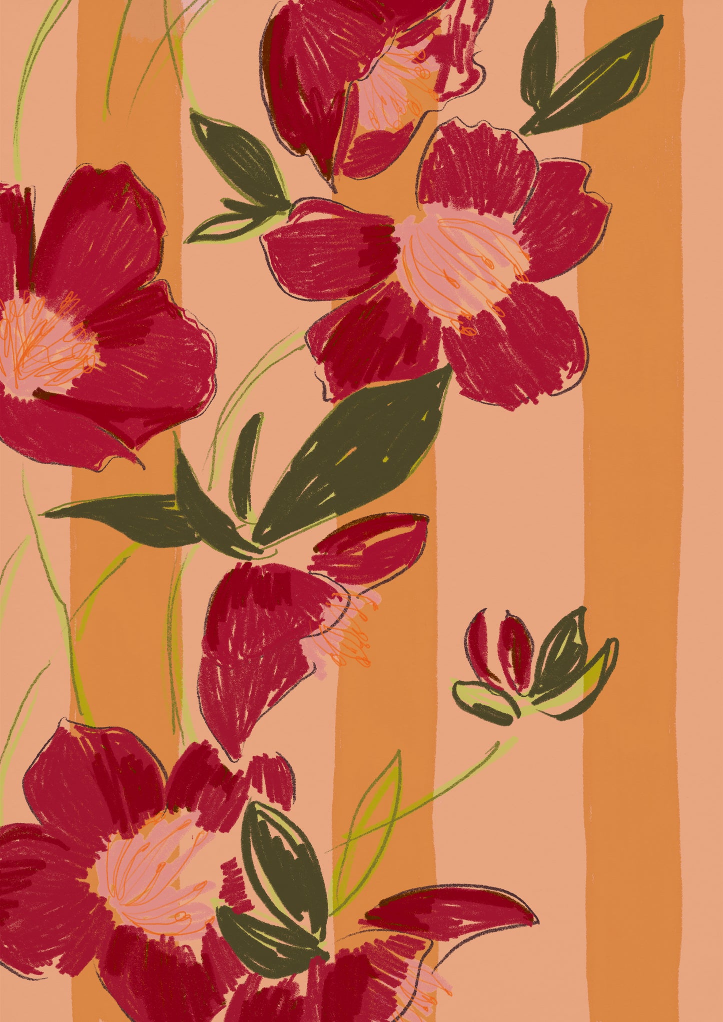 Red Flower Illustration, Warm Orange Stripe Background