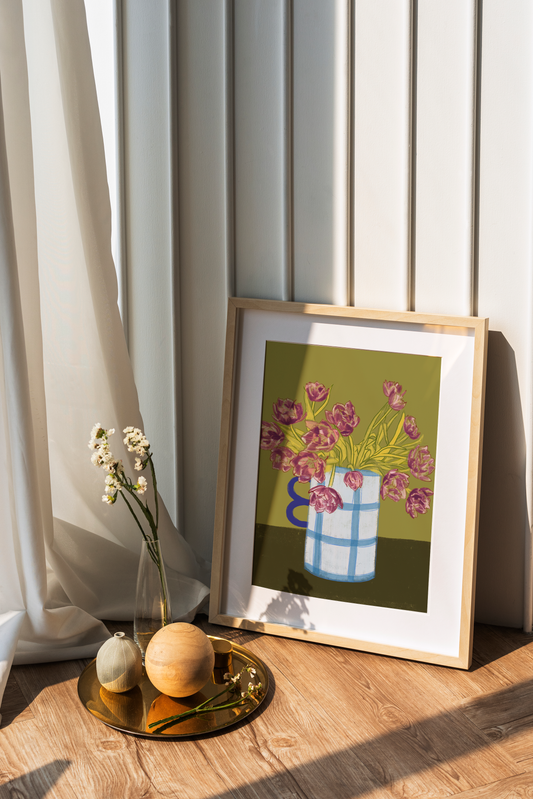 Purple Tulips in Blue Vase Art Print