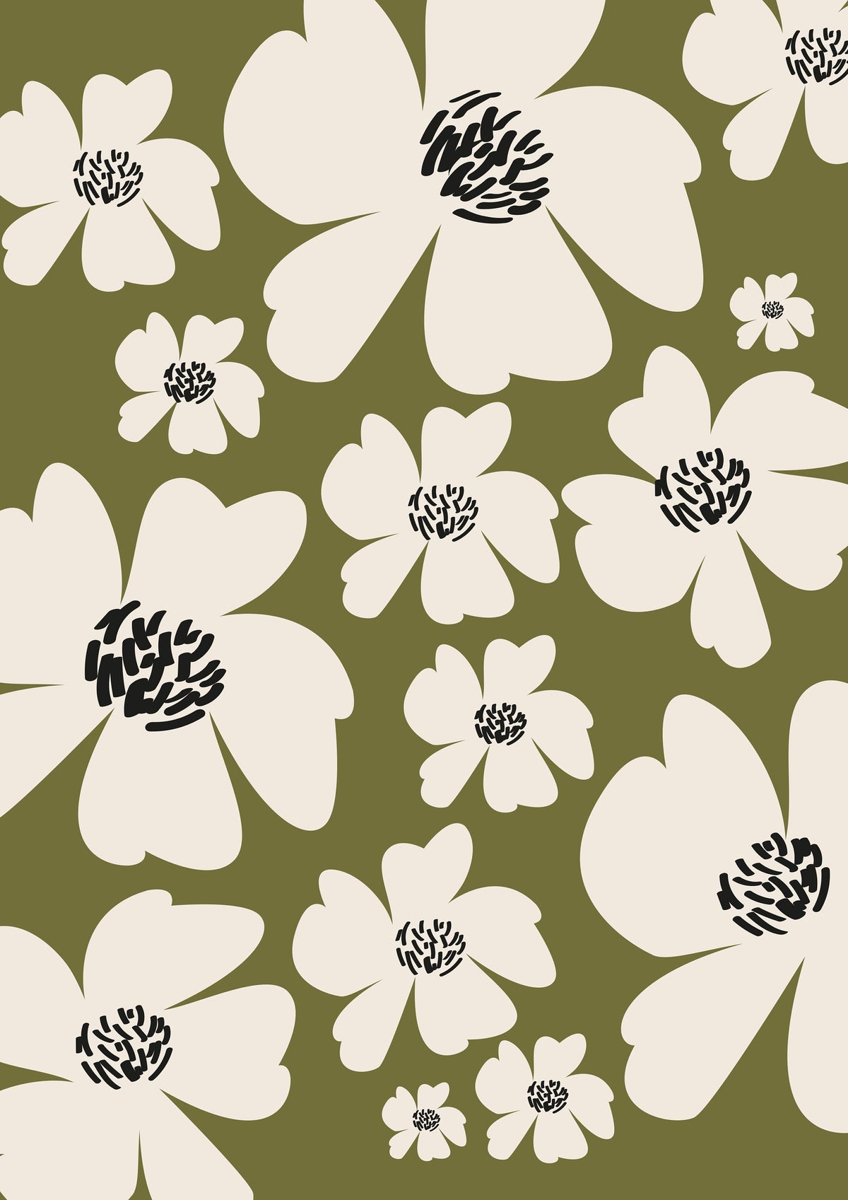 Retro Floral Print: Cream & Olive Botanical Illustration