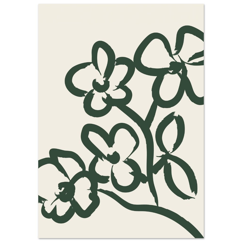 Floral Forest Green Print: Minimalist Botanical Illustration