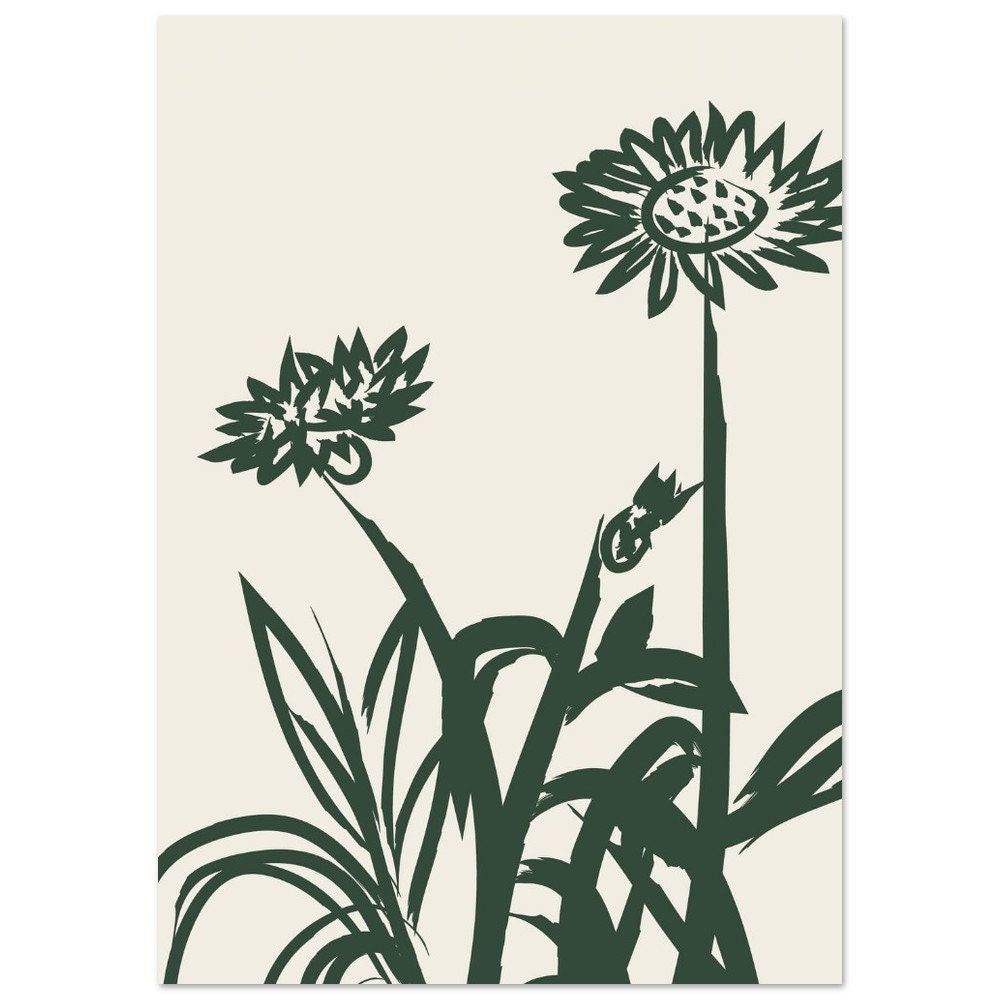 Floral Print: Forest Green Botanical Illustration, Minimalist Wall Art