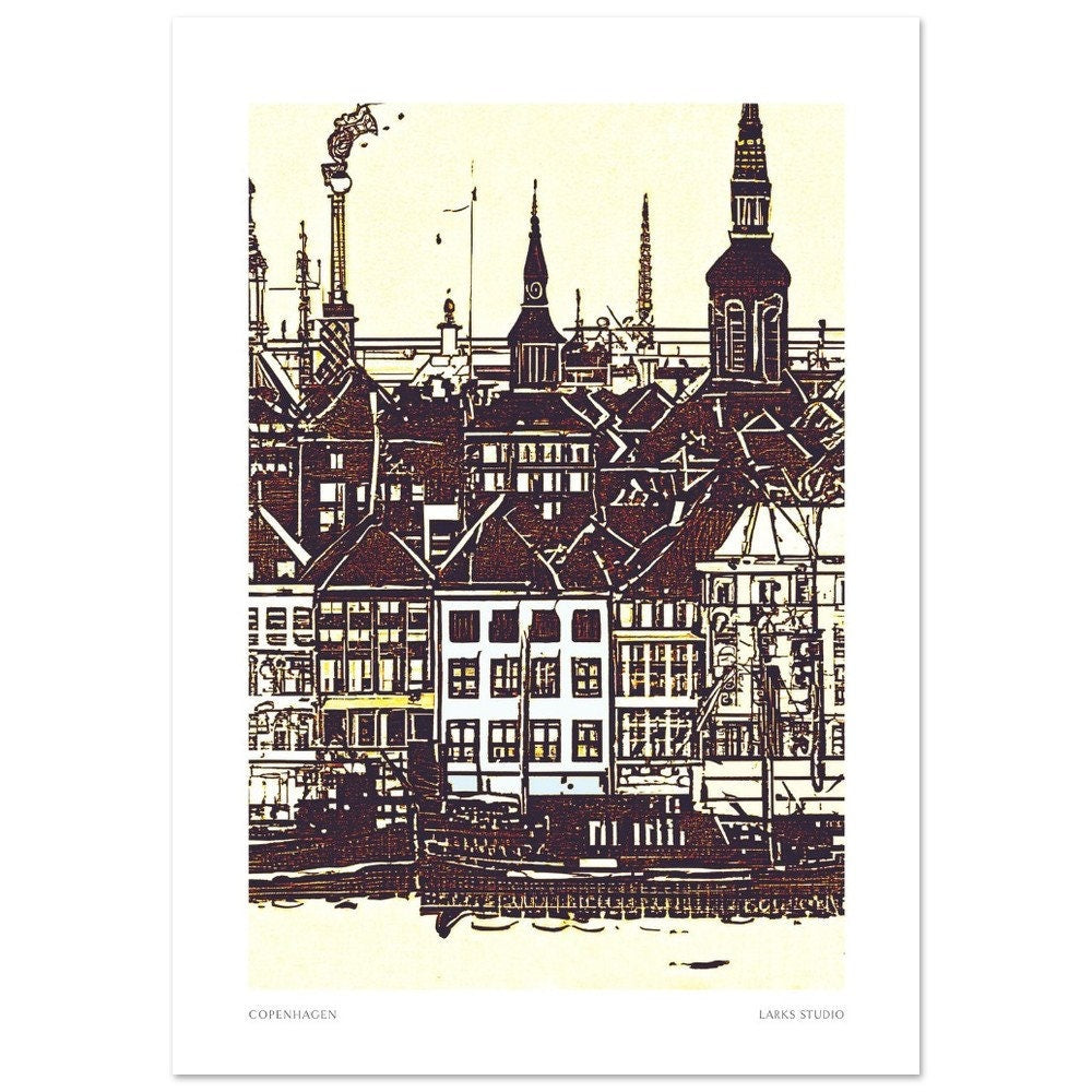 Copenhagen Art Print: Sketched Danish Cityscape, Travel Poster