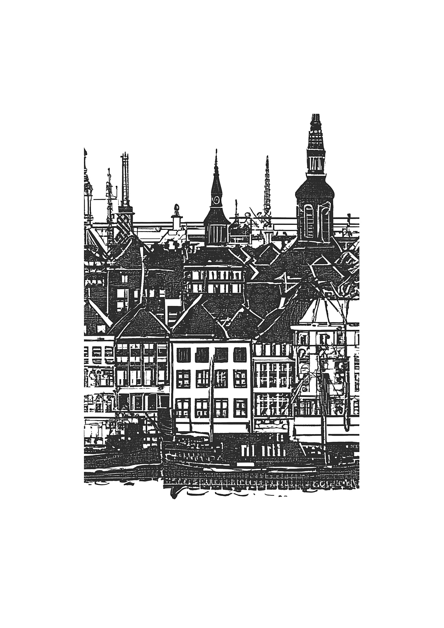 Copenhagen Art Print: Sketched Danish Cityscape, Travel Poster