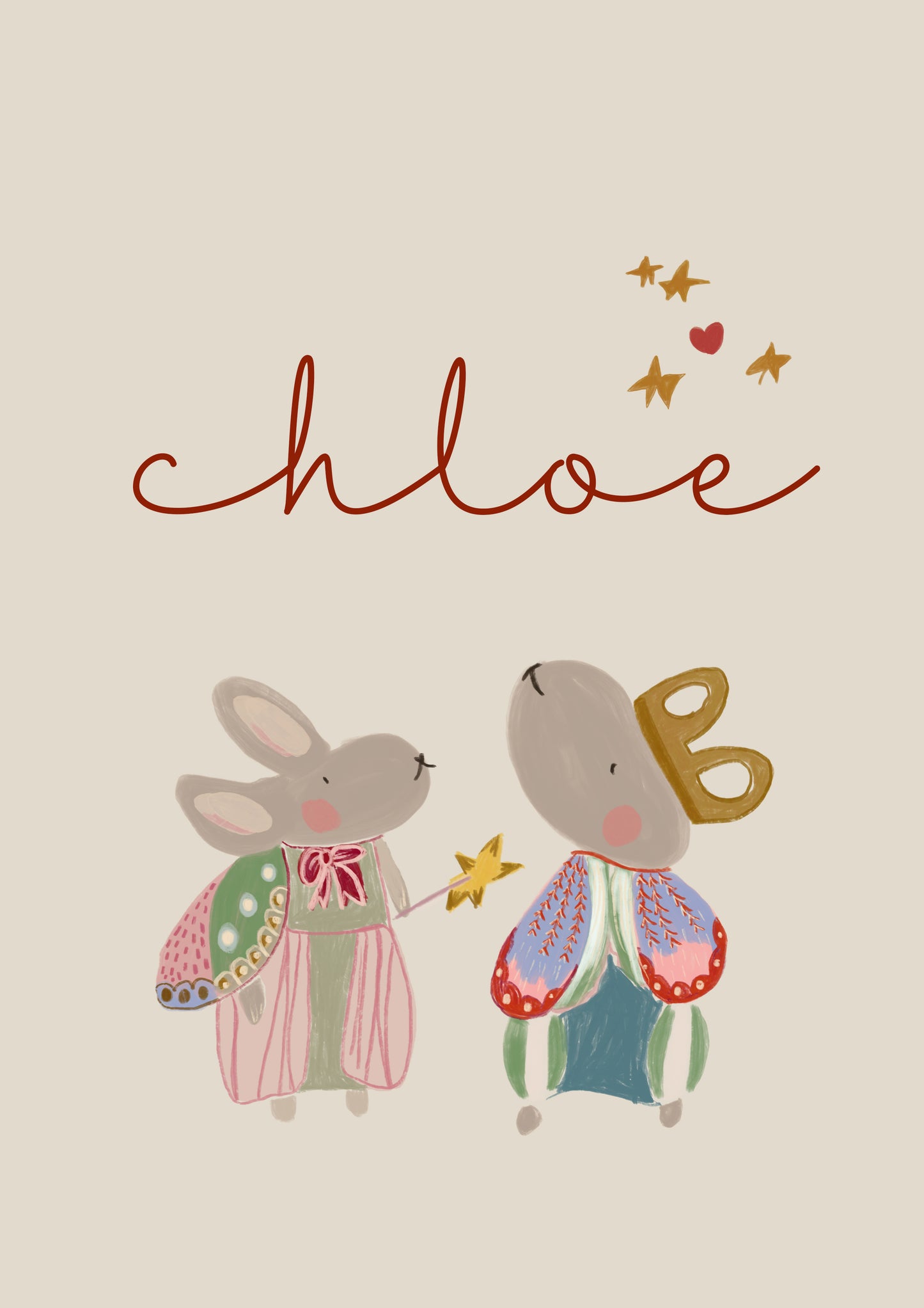Hand Illustrated Bunny Nursery Art Print, Custom Name, Boho Decor