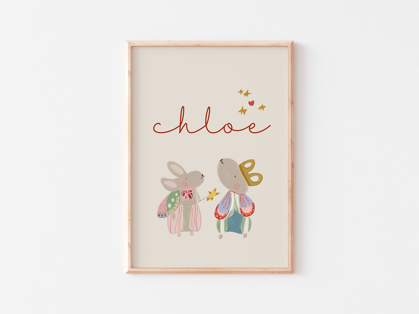 Hand Illustrated Bunny Nursery Art Print, Custom Name, Boho Decor