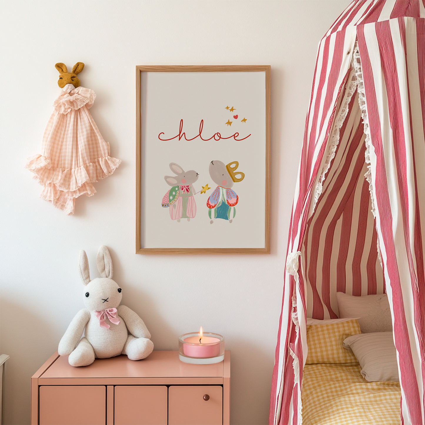 Hand Illustrated Bunny Nursery Art Print, Custom Name, Boho Decor
