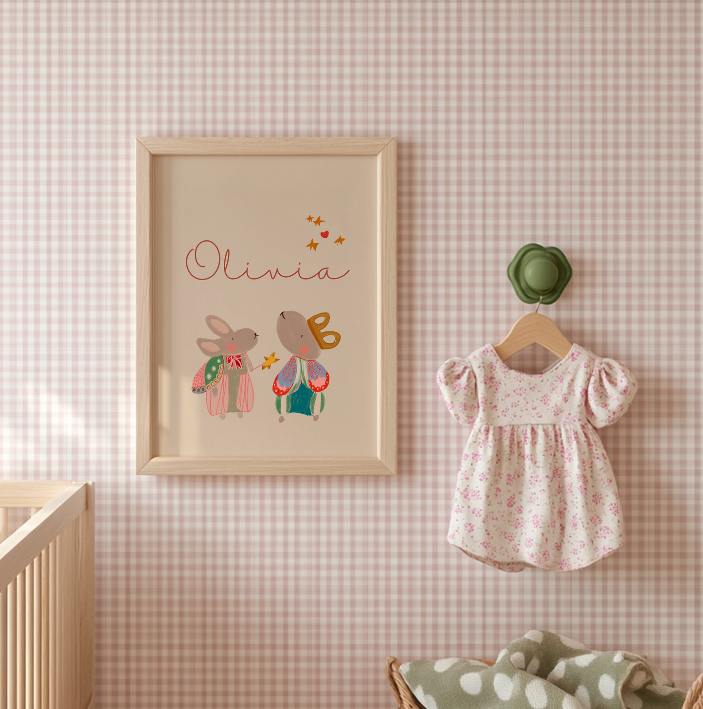 Hand Illustrated Bunny Nursery Art Print, Custom Name, Boho Decor
