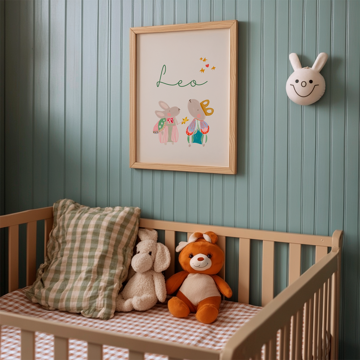 Hand Illustrated Bunny Nursery Art Print, Custom Name, Boho Decor