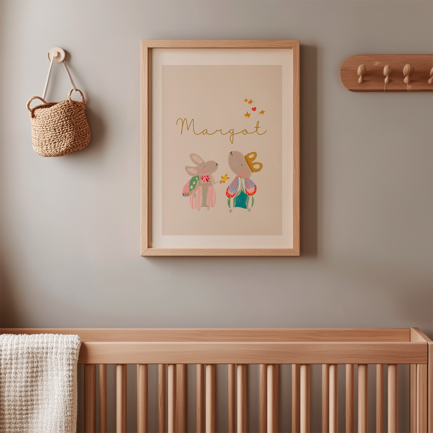Hand Illustrated Bunny Nursery Art Print, Custom Name, Boho Decor
