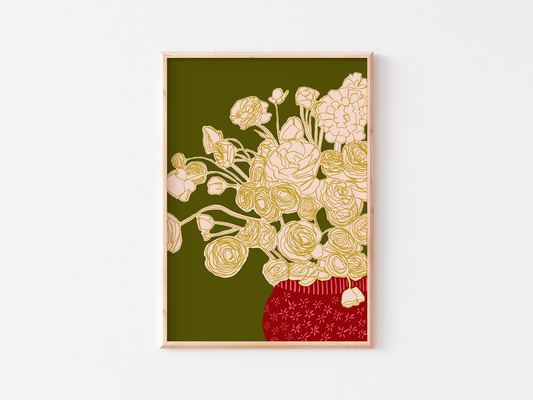 Abstract Ranunculus Floral Art Print, Red Vase Flowers on Dark Green Background