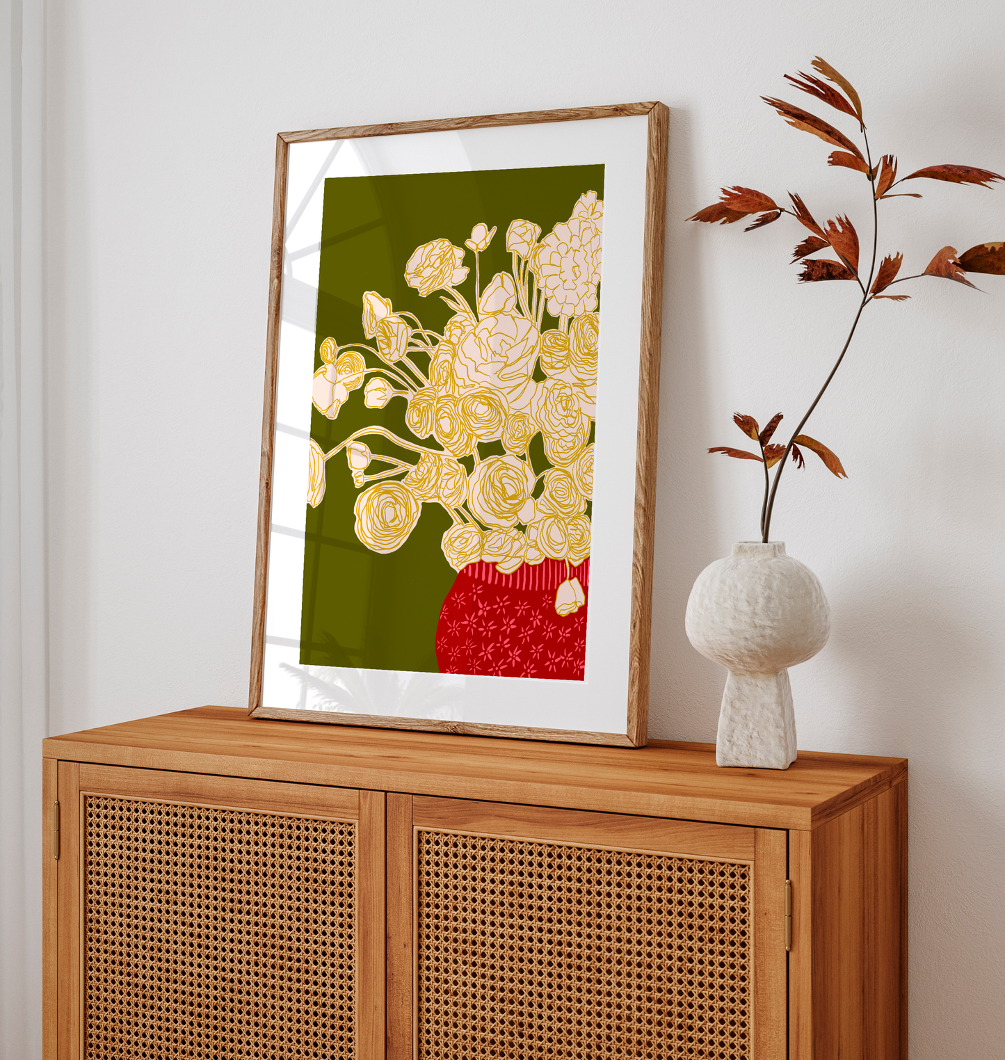 Abstract Ranunculus Floral Art Print, Red Vase Flowers on Dark Green Background