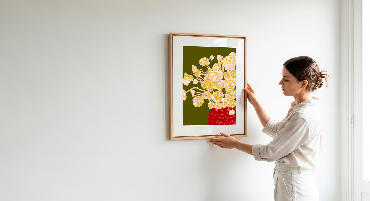 Abstract Ranunculus Floral Art Print, Red Vase Flowers on Dark Green Background