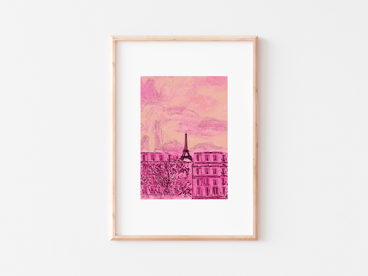 Pink Paris Print: Sketched Eiffel Tower Travel Poster