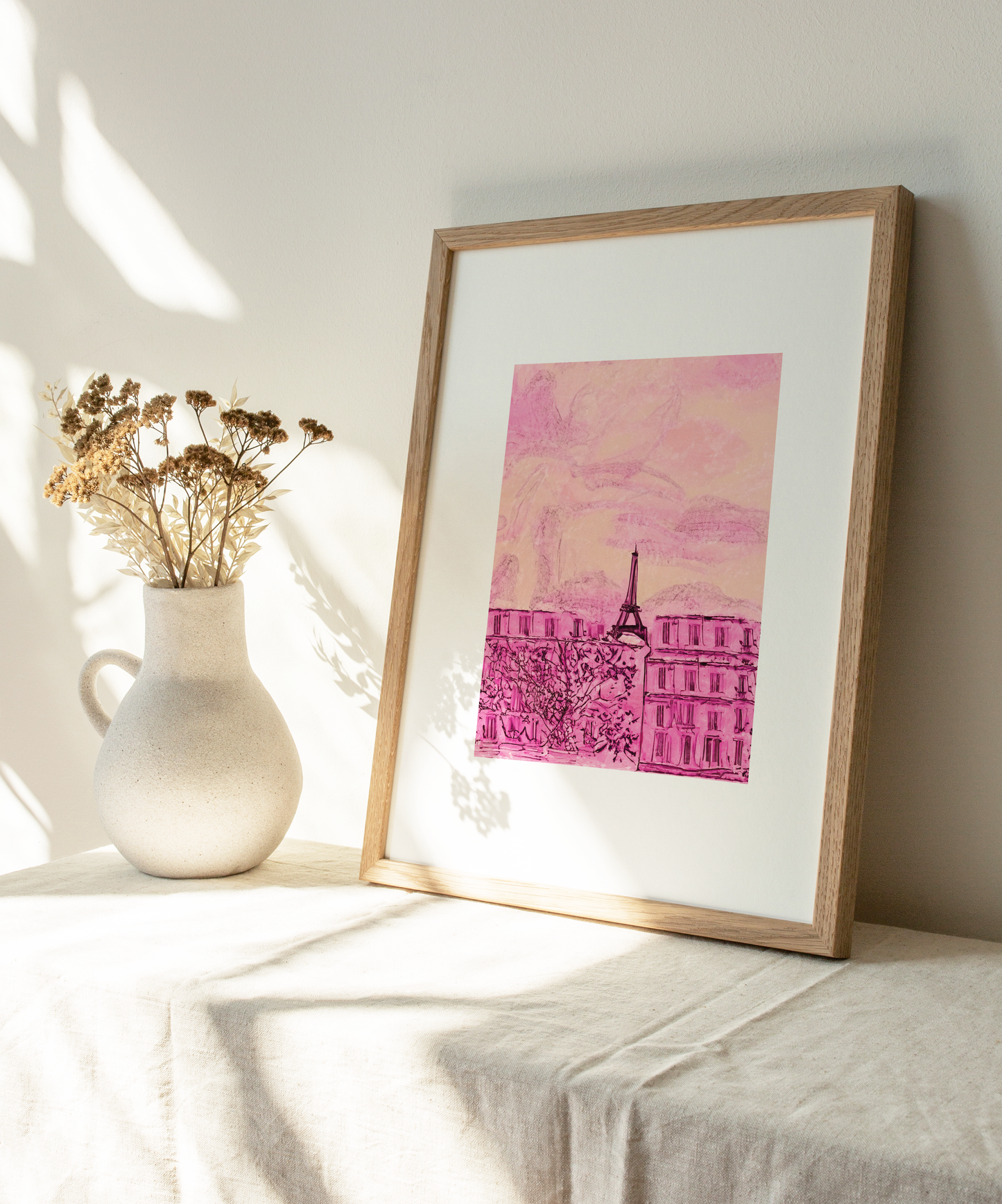 Pink Paris Print: Sketched Eiffel Tower Travel Poster