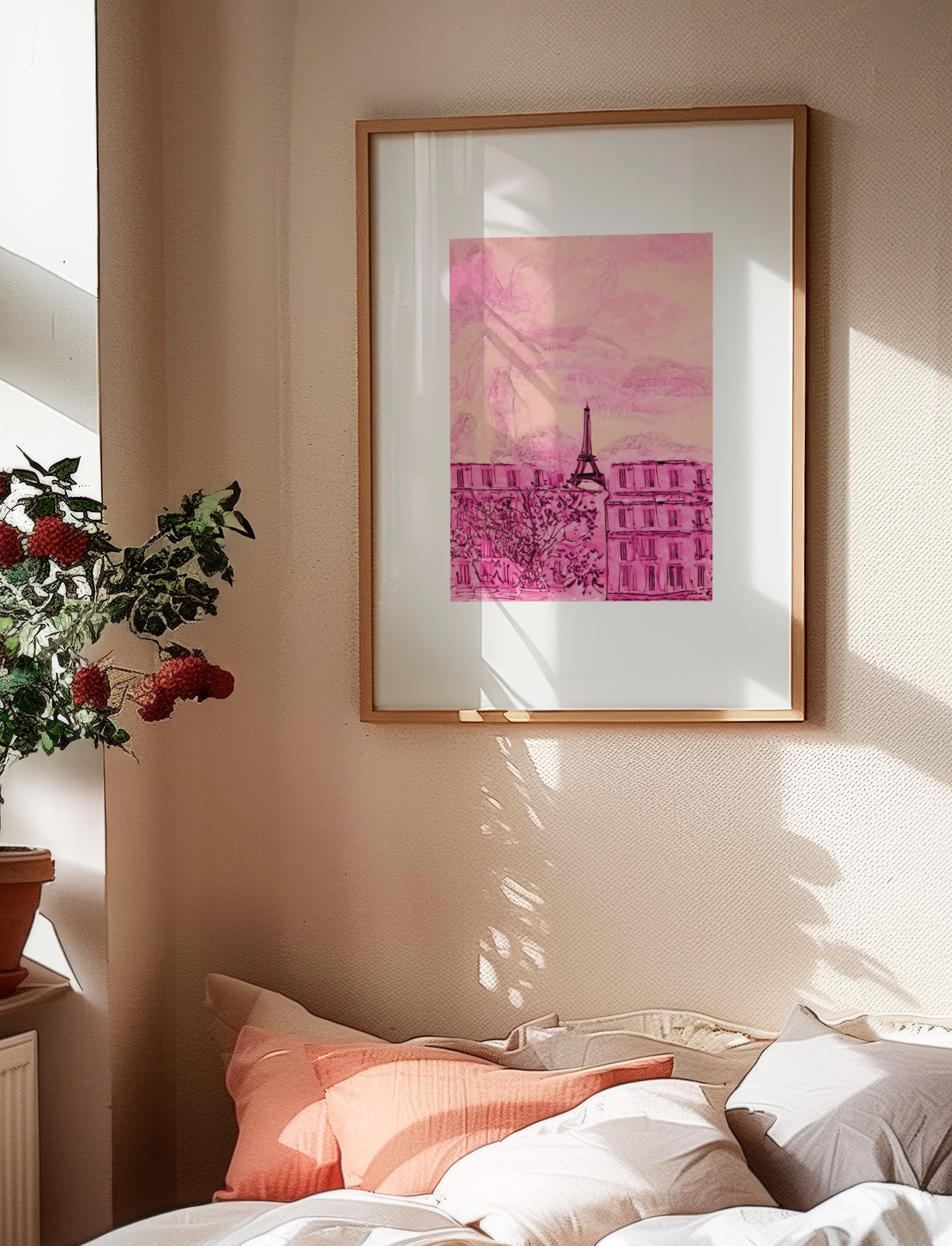 Pink Paris Print: Sketched Eiffel Tower Travel Poster