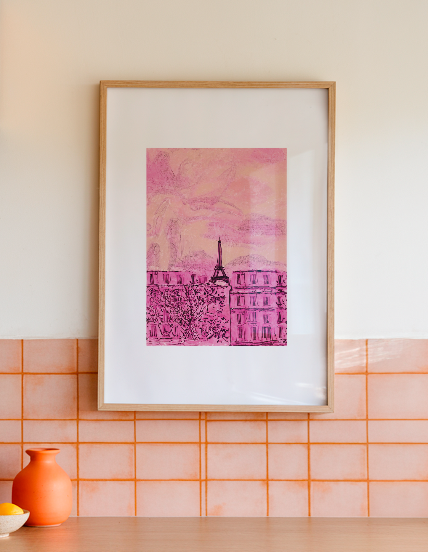 Pink Paris Print: Sketched Eiffel Tower Travel Poster