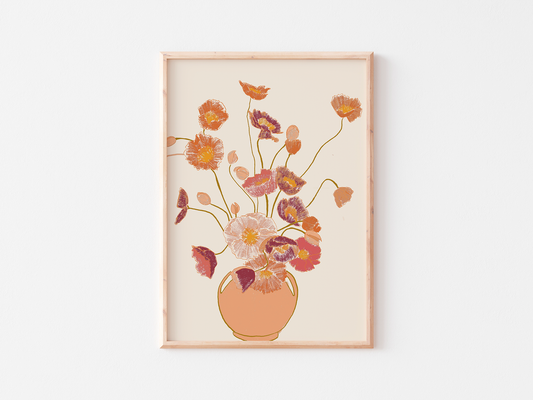 Poppies Art Print, Earthy Tones Floral Still Life