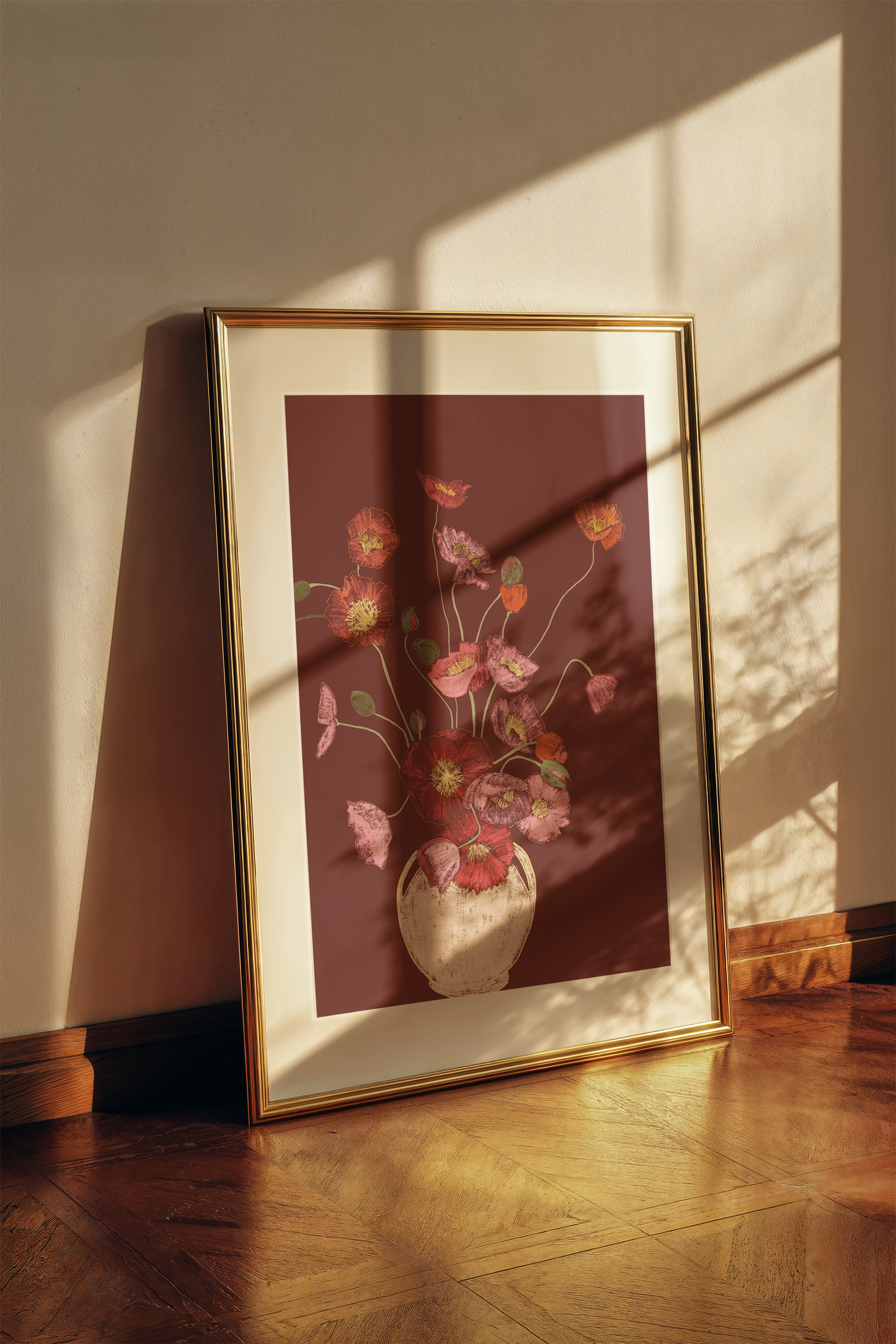 Pink Poppies in Vase Art Print, Floral Wall Art, Deep Red Background, Botanical Still Life