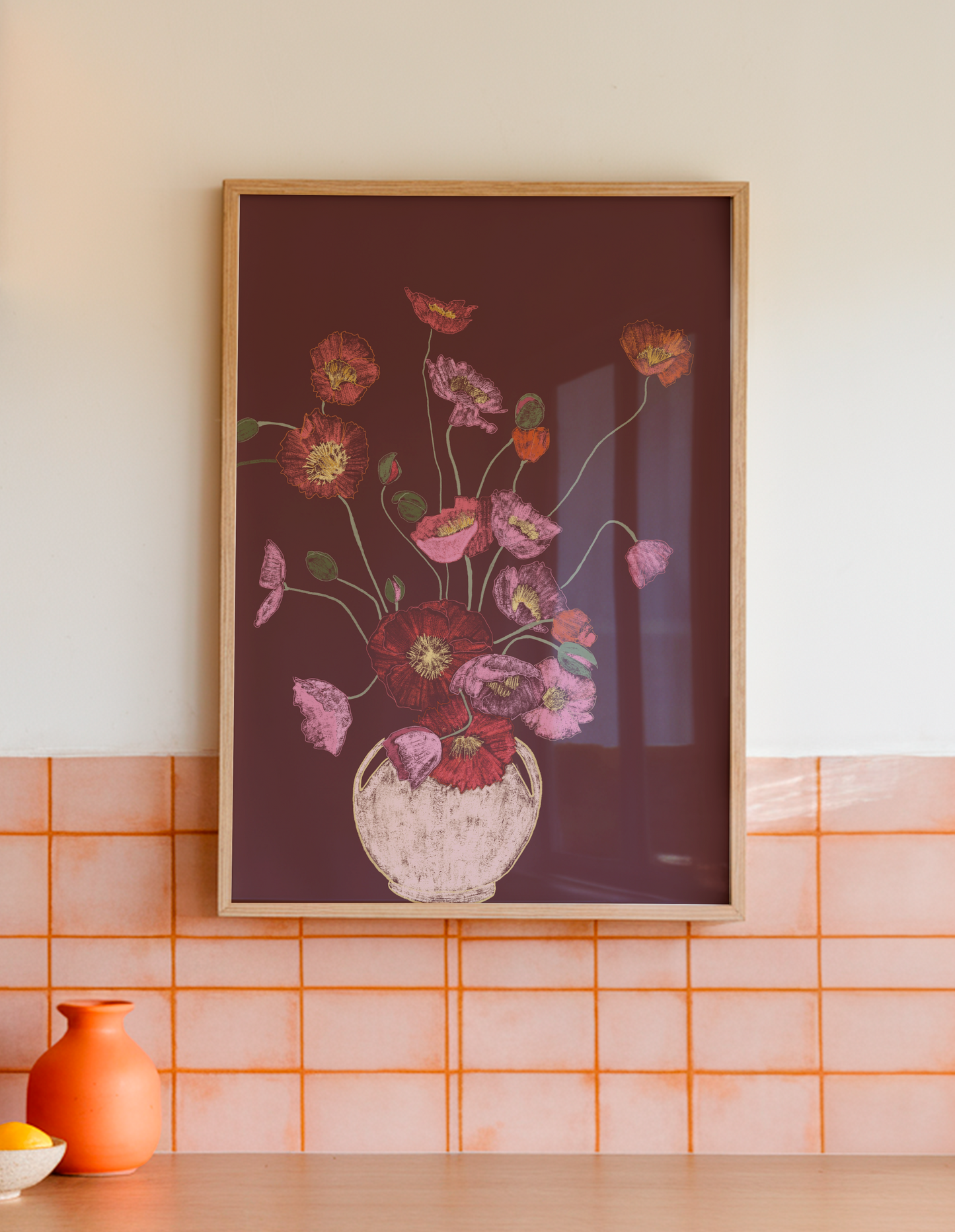 Pink Poppies in Vase Art Print, Floral Wall Art, Deep Red Background, Botanical Still Life