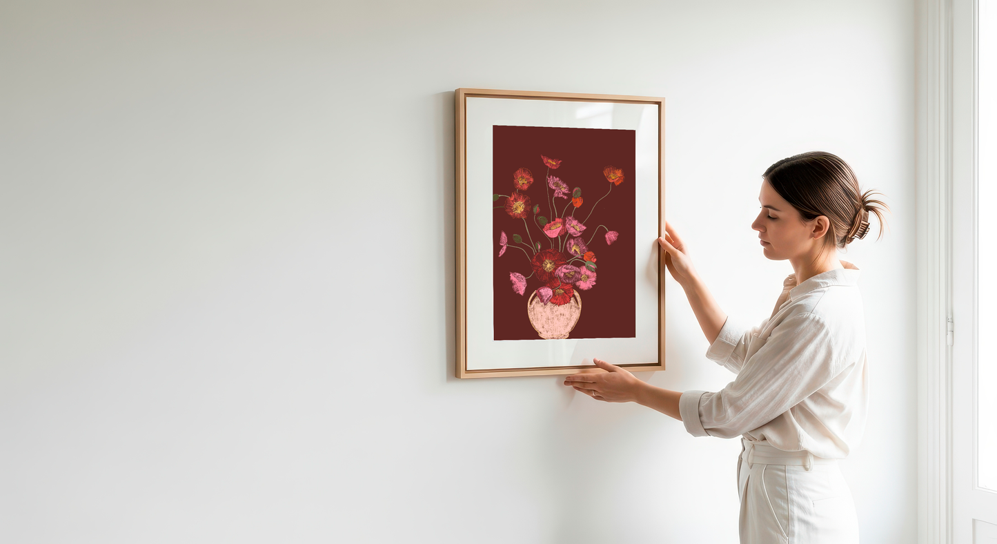 Pink Poppies in Vase Art Print, Floral Wall Art, Deep Red Background, Botanical Still Life