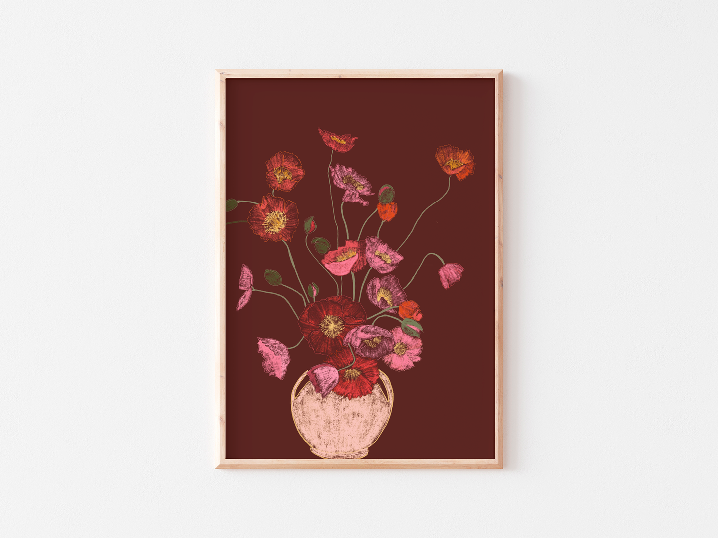 Pink Poppies in Vase Art Print, Floral Wall Art, Deep Red Background, Botanical Still Life