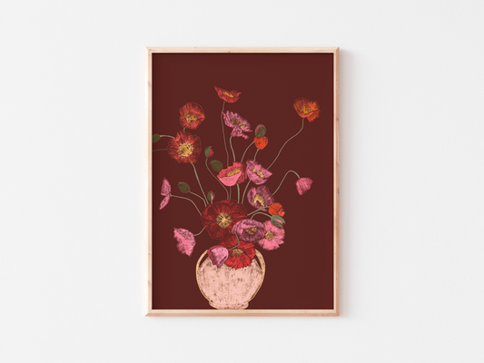 Pink Poppies in Vase Art Print, Floral Wall Art, Deep Red Background, Botanical Still Life