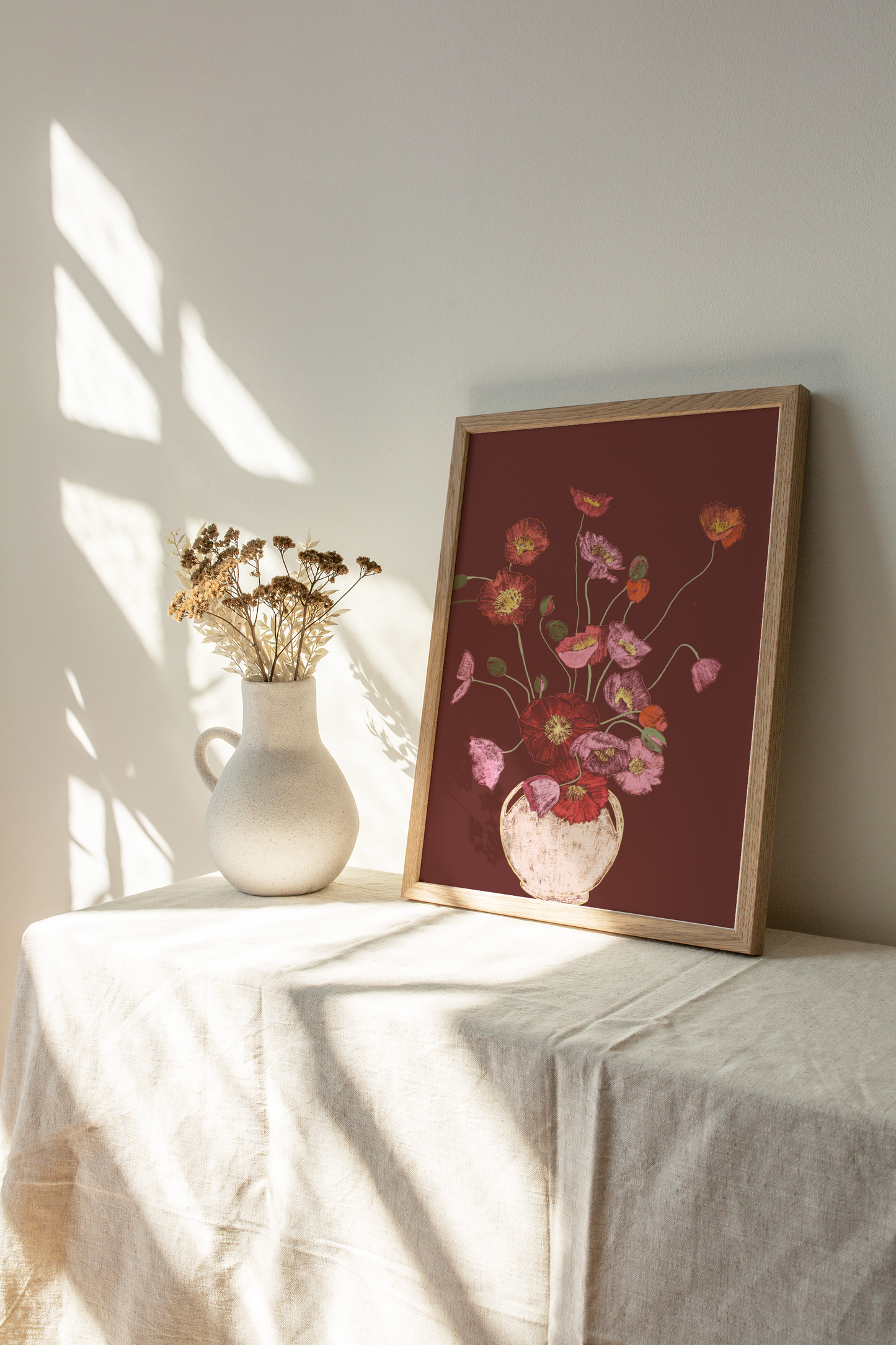 Pink Poppies in Vase Art Print, Floral Wall Art, Deep Red Background, Botanical Still Life