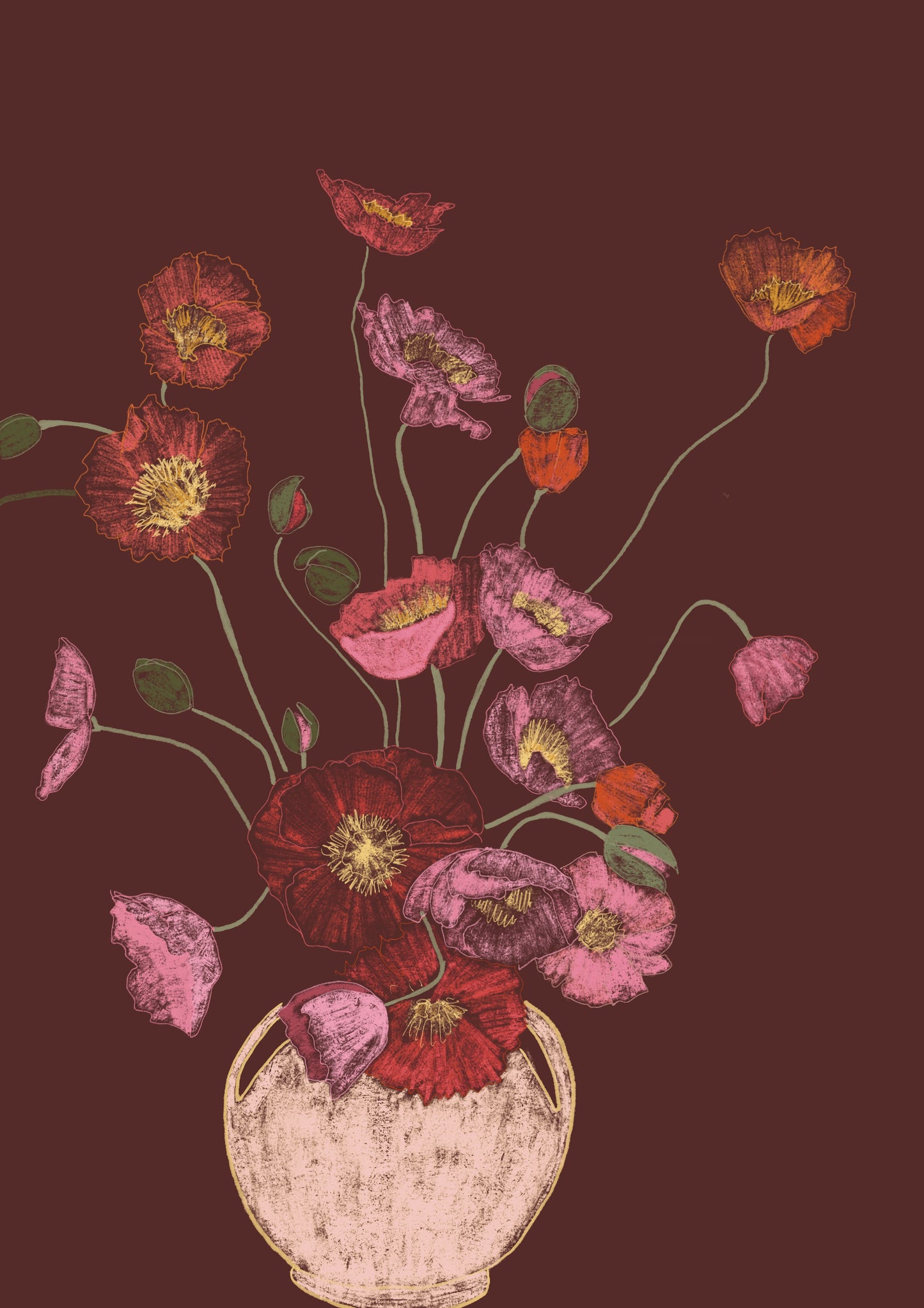 Pink Poppies in Vase Art Print, Floral Wall Art, Deep Red Background, Botanical Still Life