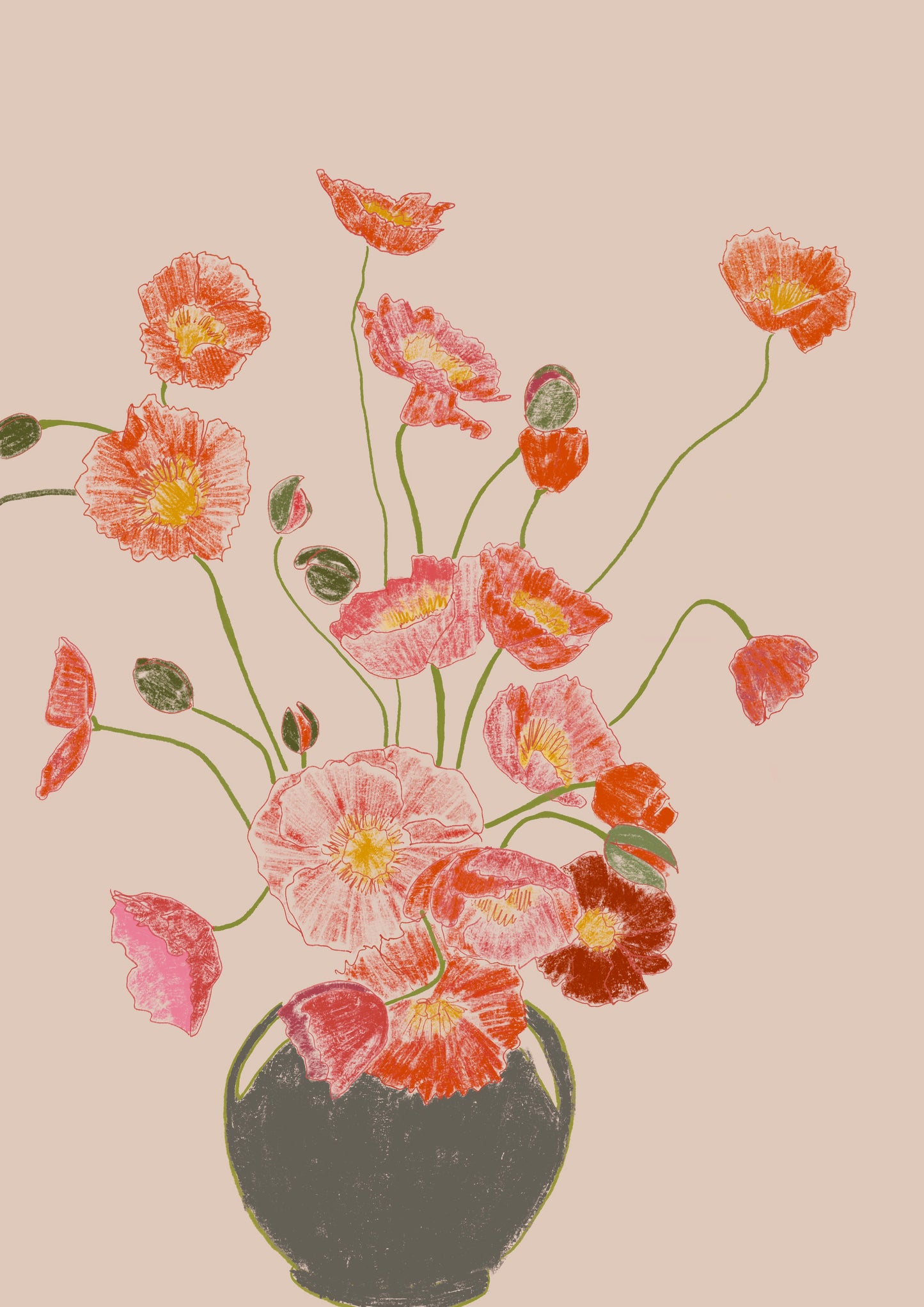 Pink Poppies in Vase Art Print, Floral Wall Art, Neutral Beige Pink Background, Botanical Still Life