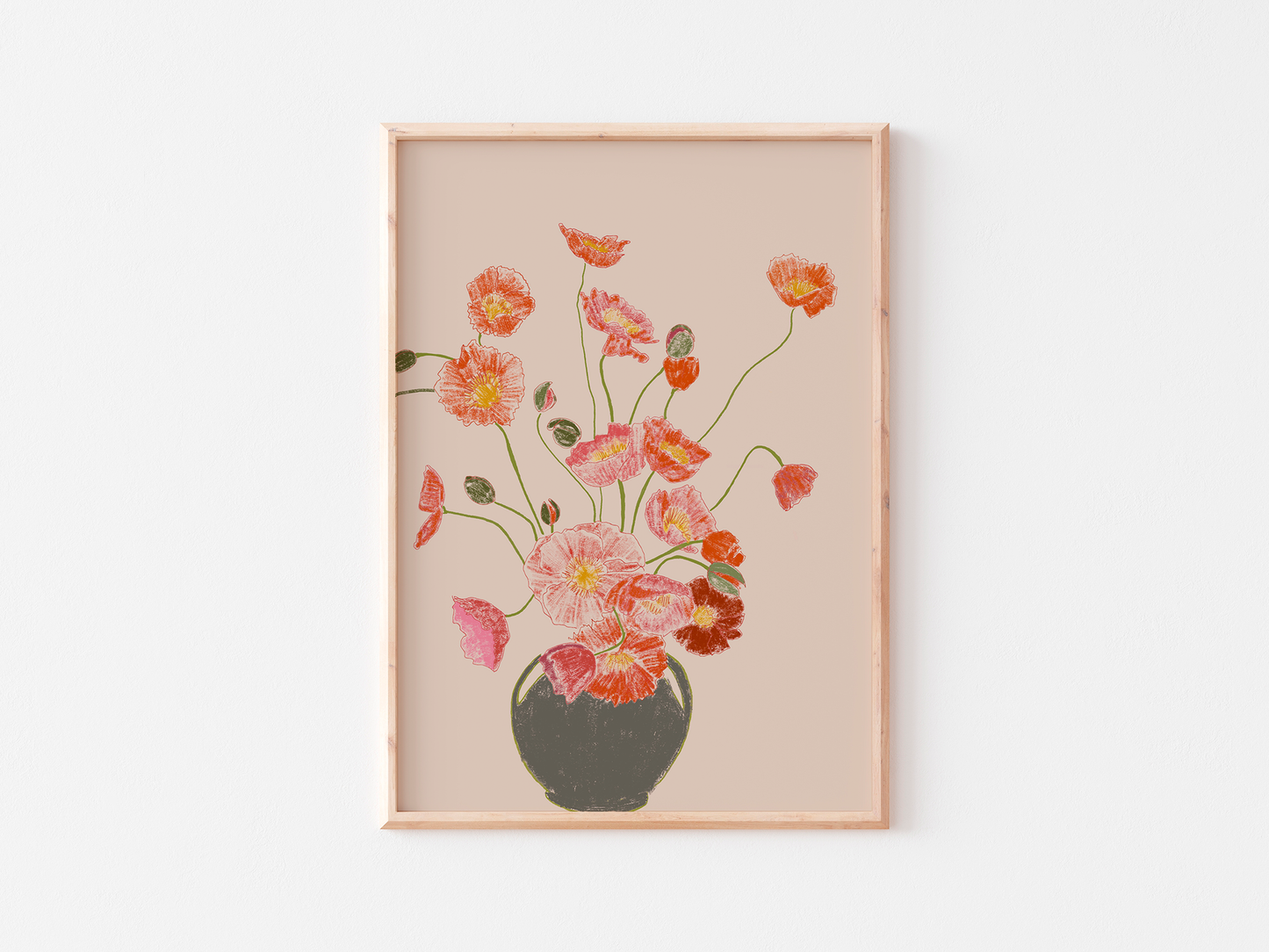 Pink Poppies in Vase Art Print, Floral Wall Art, Neutral Beige Pink Background, Botanical Still Life