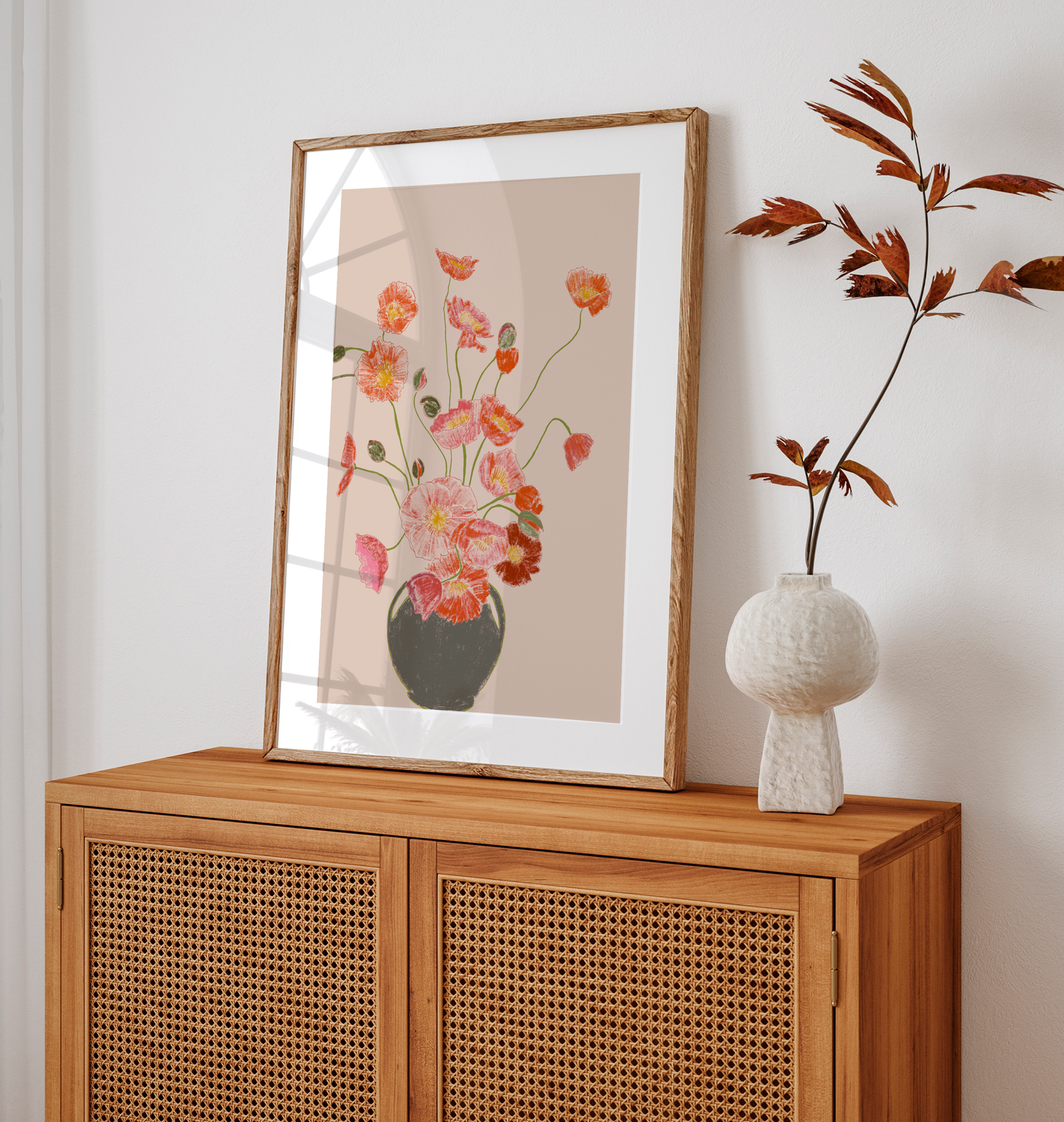 Pink Poppies in Vase Art Print, Floral Wall Art, Neutral Beige Pink Background, Botanical Still Life