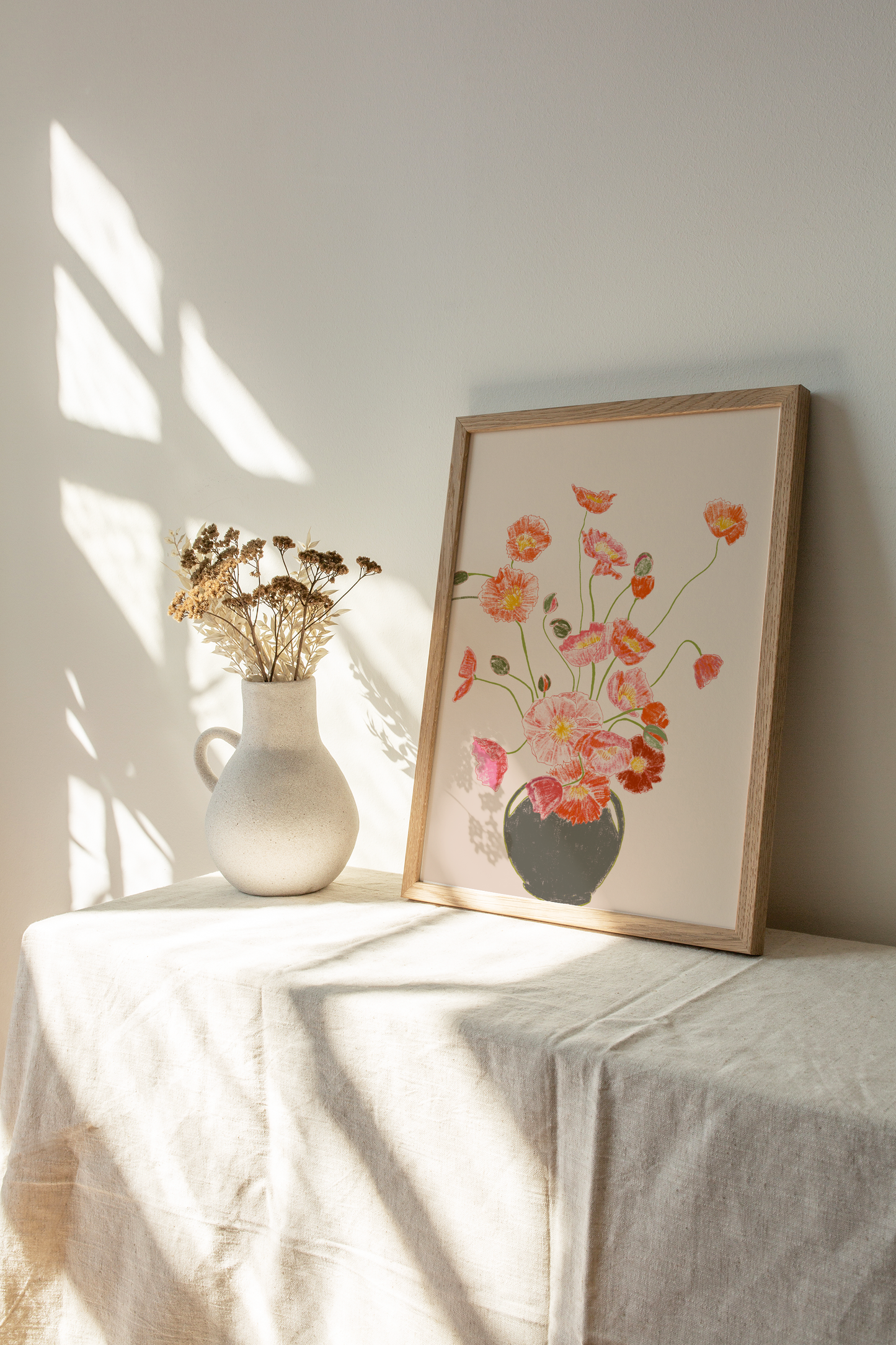 Pink Poppies in Vase Art Print, Floral Wall Art, Neutral Beige Pink Background, Botanical Still Life