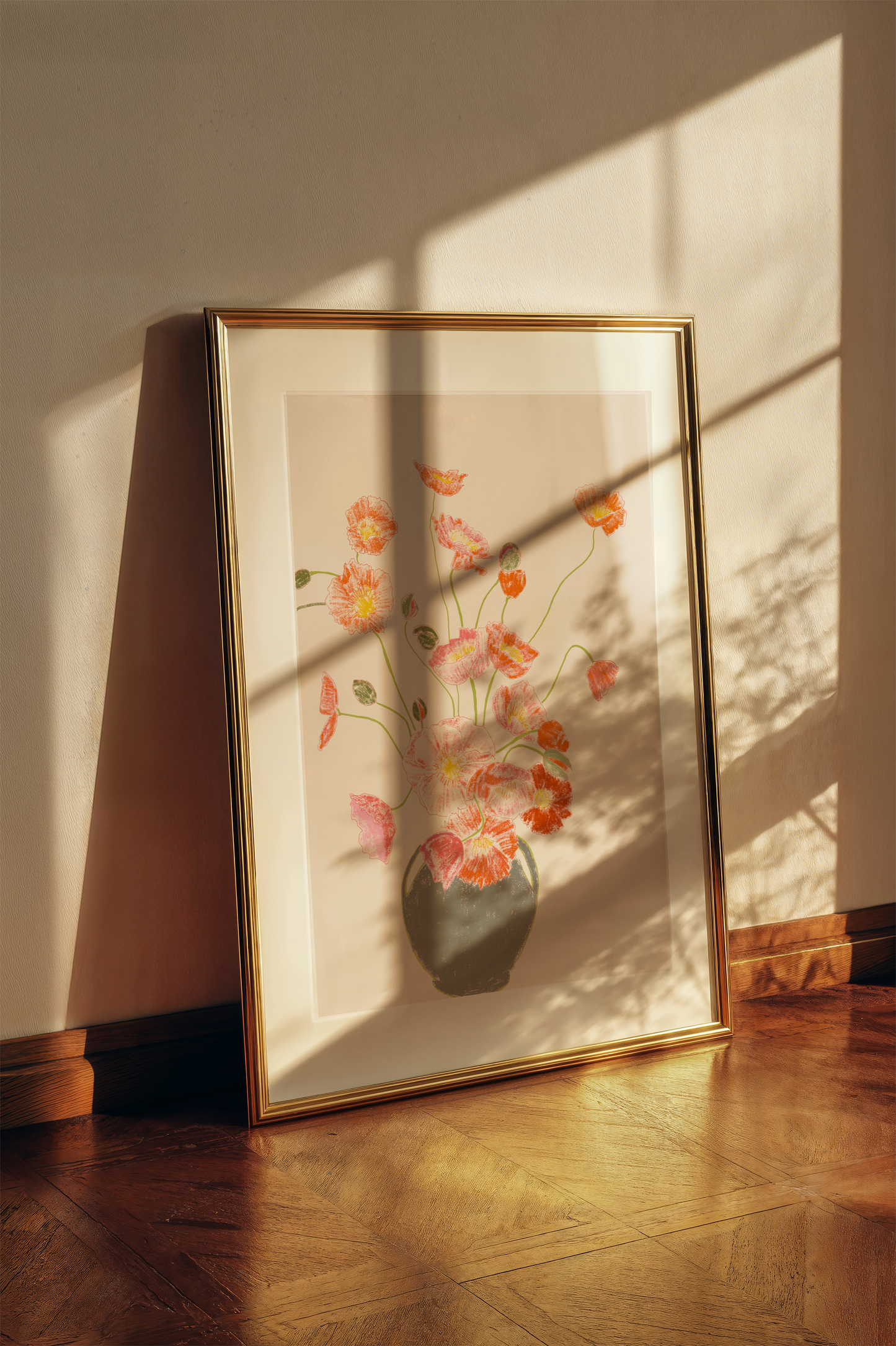 Pink Poppies in Vase Art Print, Floral Wall Art, Neutral Beige Pink Background, Botanical Still Life