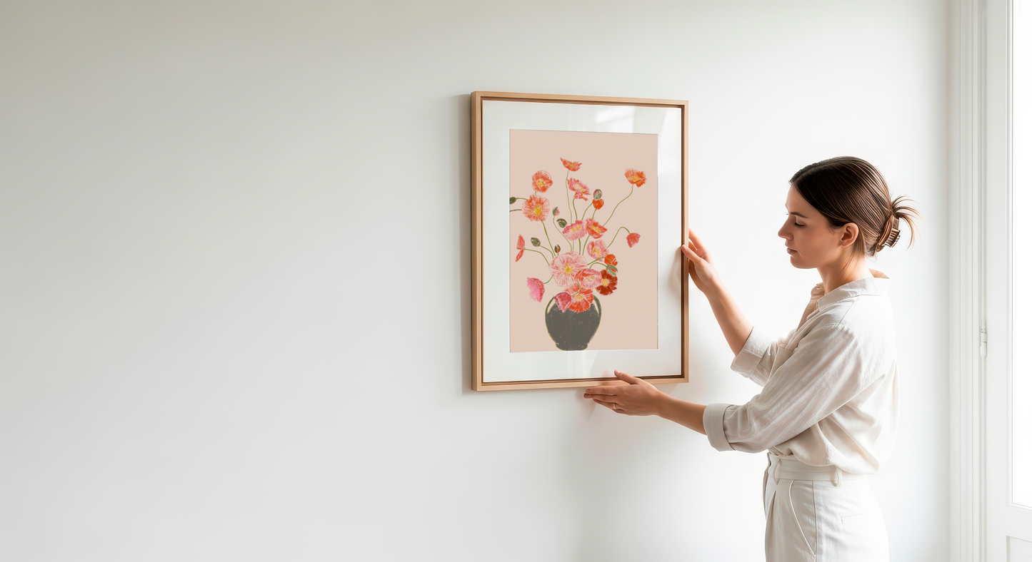 Pink Poppies in Vase Art Print, Floral Wall Art, Neutral Beige Pink Background, Botanical Still Life