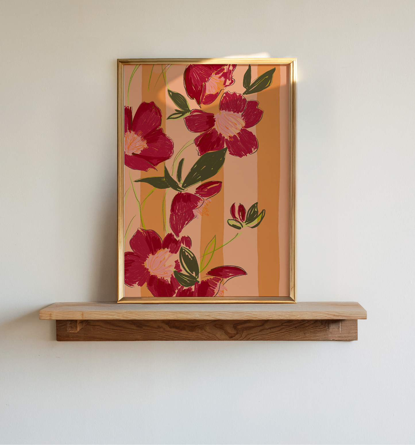 Red Flower Illustration, Warm Orange Stripe Background