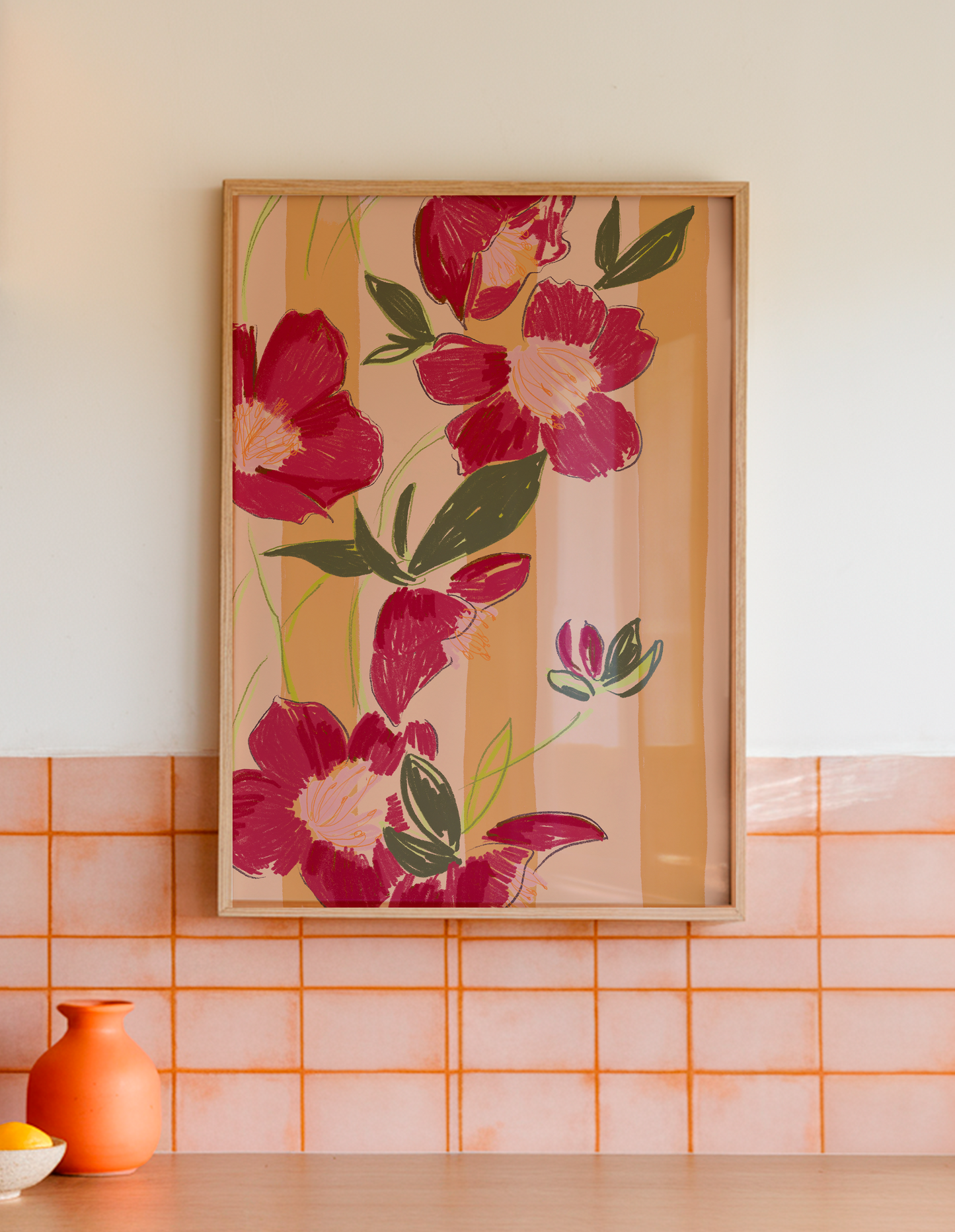 Red Flower Illustration, Warm Orange Stripe Background