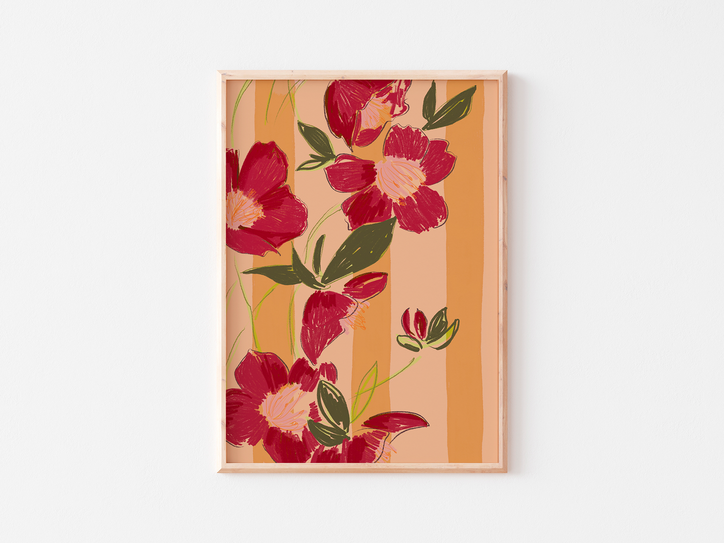 Red Flower Illustration, Warm Orange Stripe Background