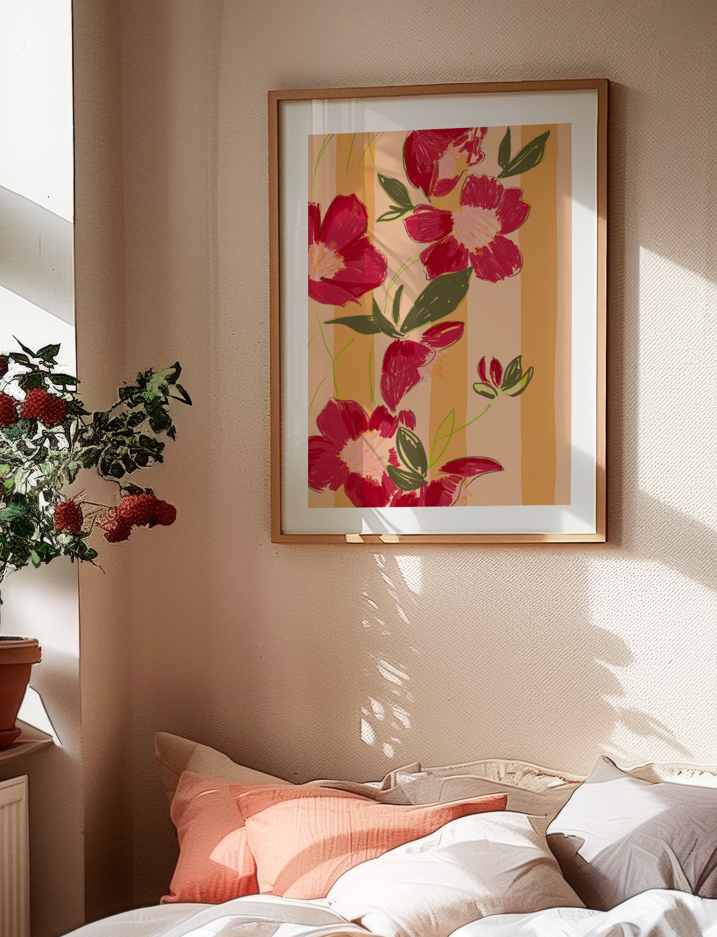 Red Flower Illustration, Warm Orange Stripe Background