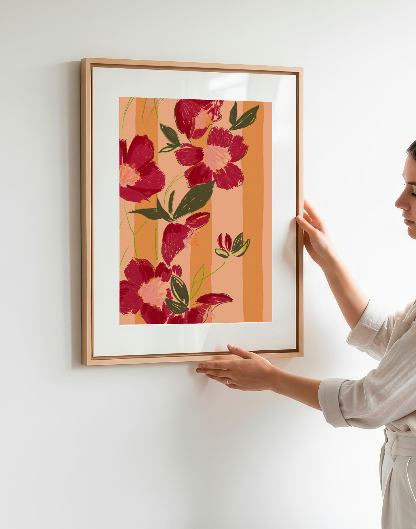 Red Flower Illustration, Warm Orange Stripe Background