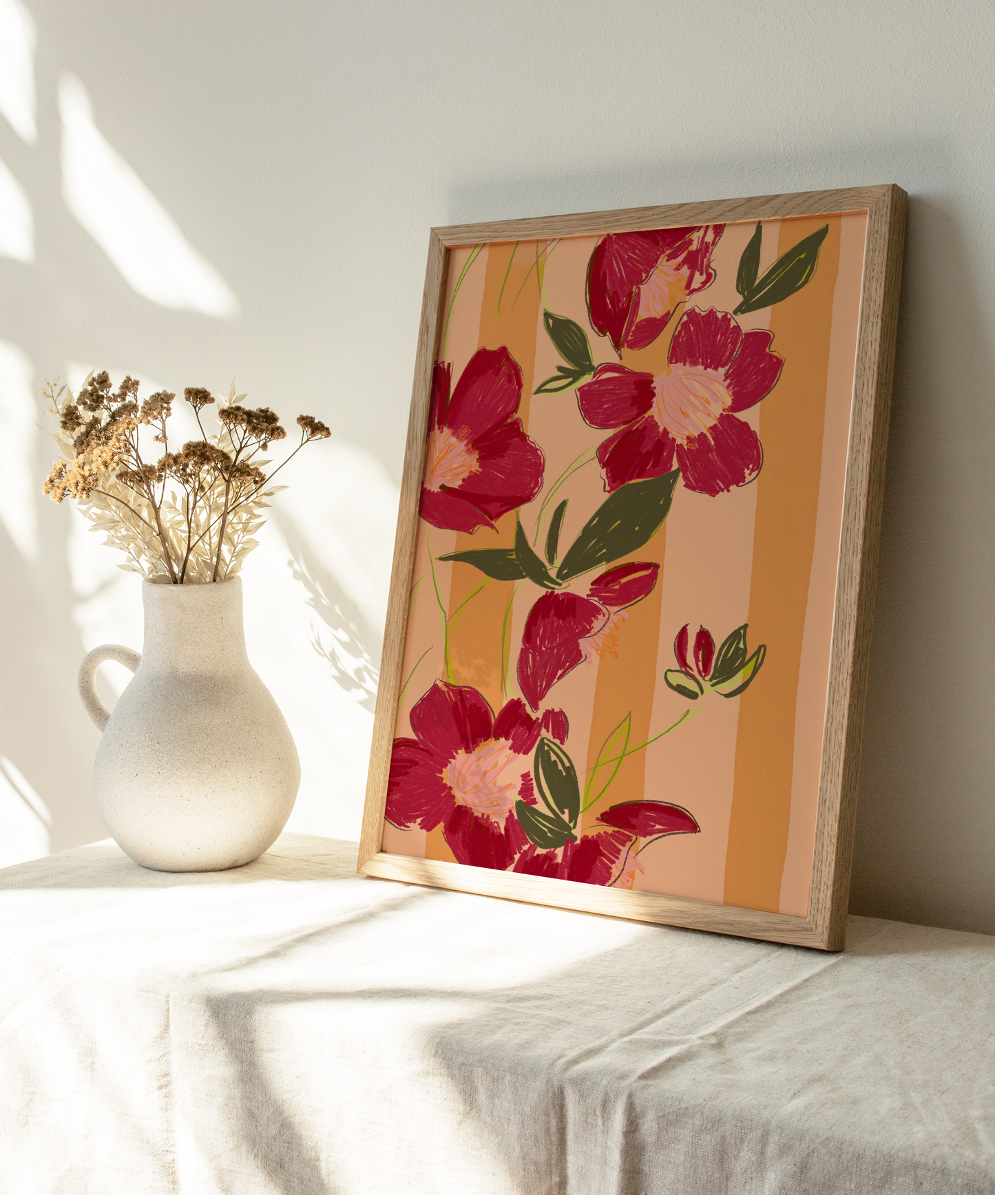 Red Flower Illustration, Warm Orange Stripe Background
