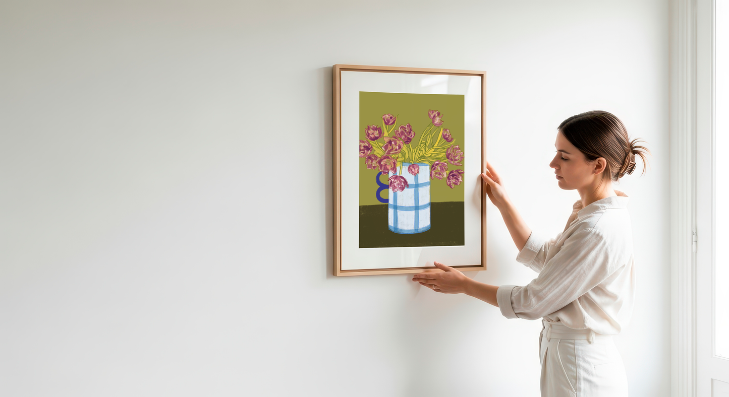 Purple Tulips in Blue Vase Art Print