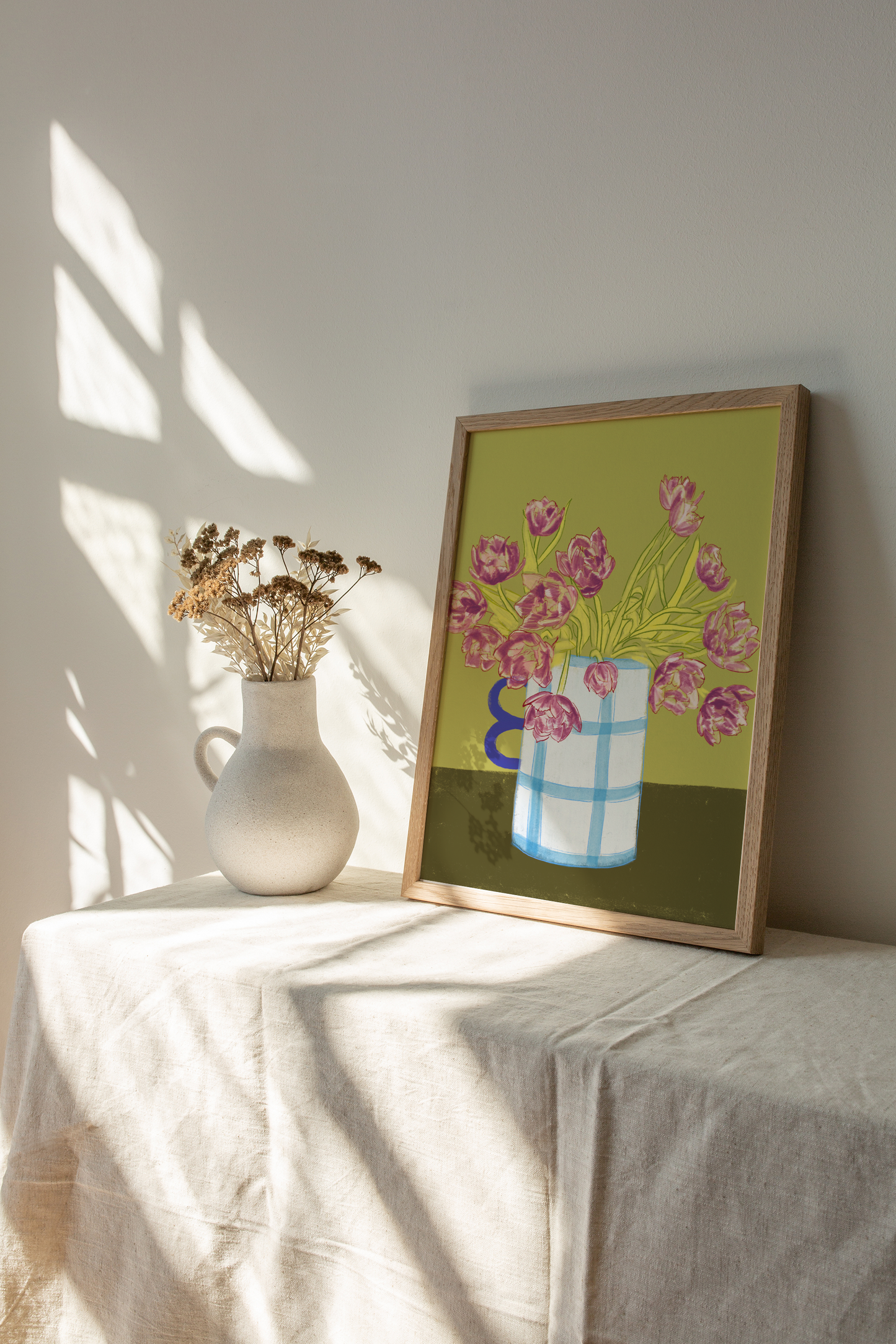Purple Tulips in Blue Vase Art Print
