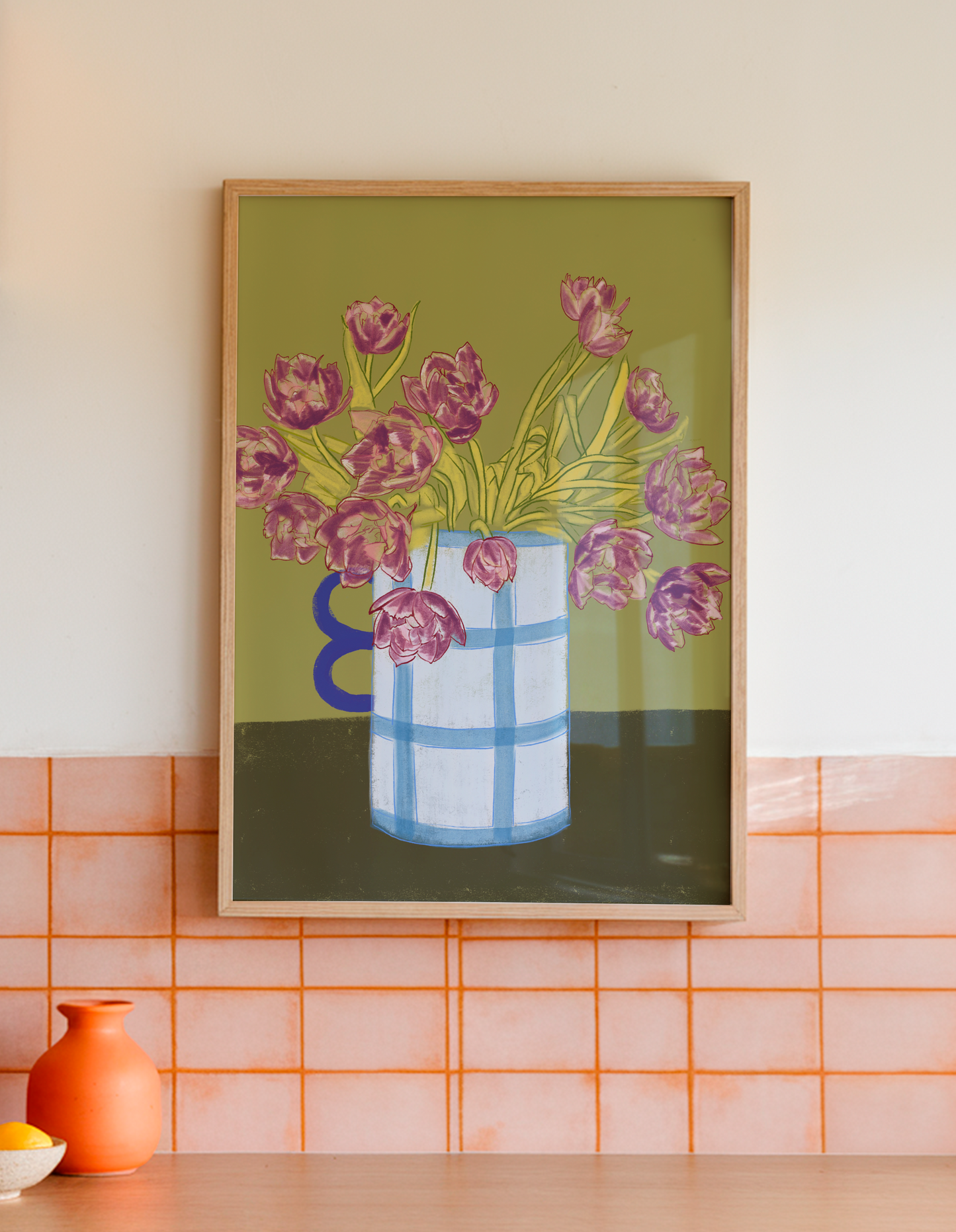 Purple Tulips in Blue Vase Art Print