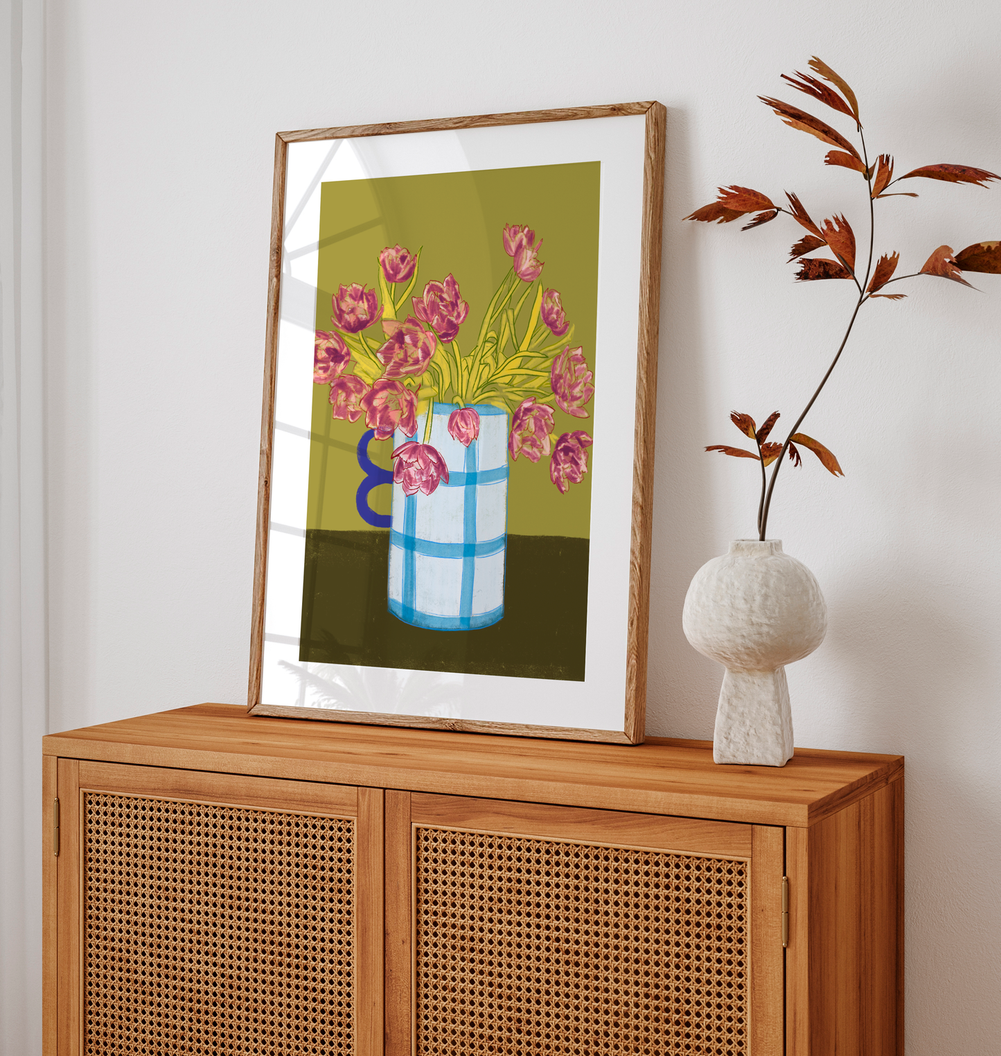 Purple Tulips in Blue Vase Art Print