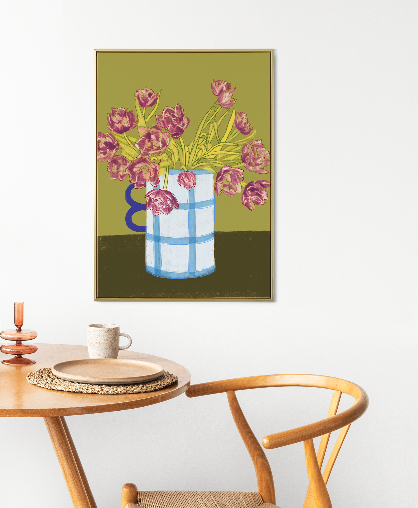 Purple Tulips in Blue Vase Art Print